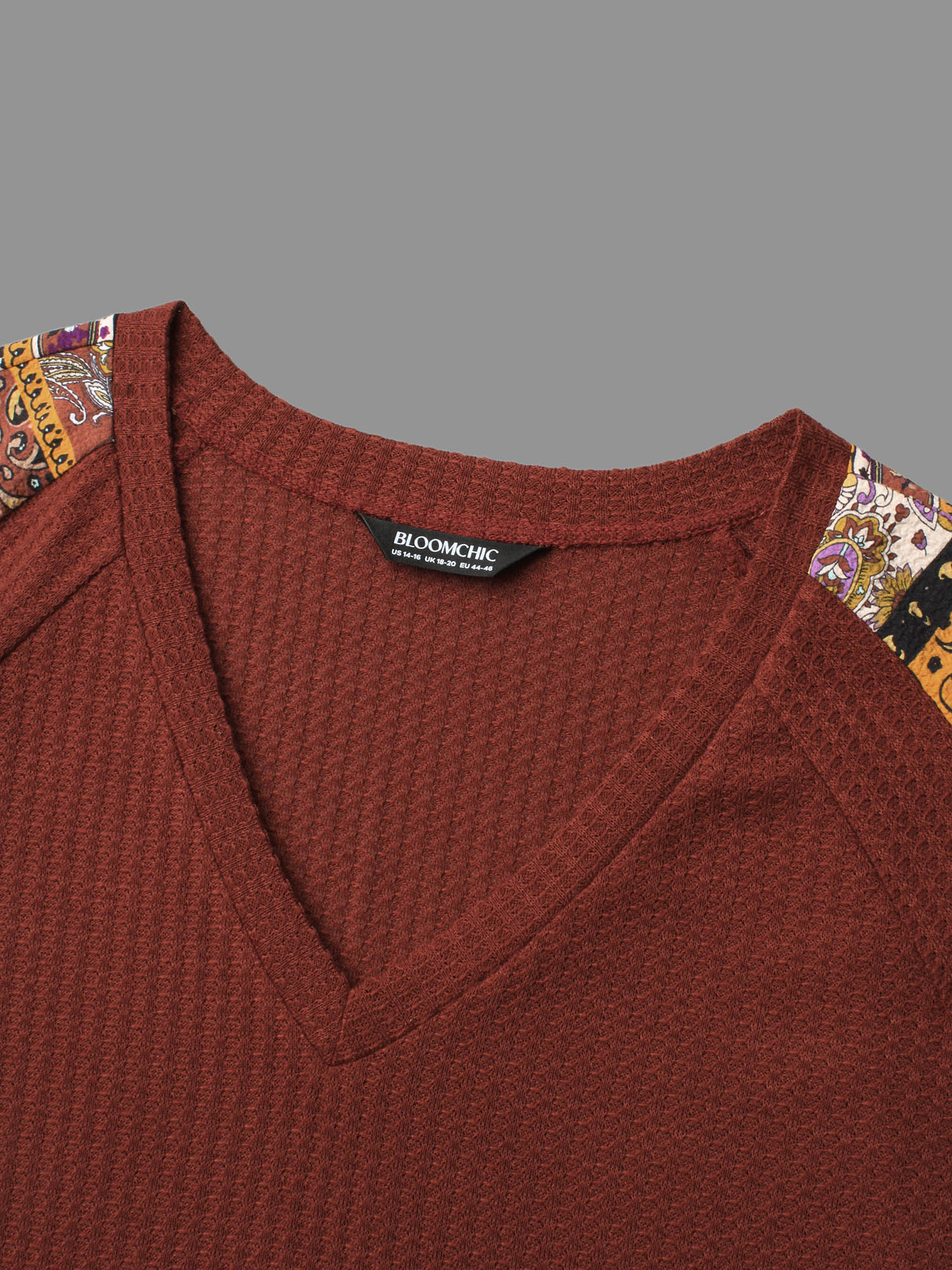 Plus Size Bandana Patchwork Waffle Knit T-shirt Maroon Women Casual Texture V-neck Loose Everyday T-shirts BloomChic 28/5X 