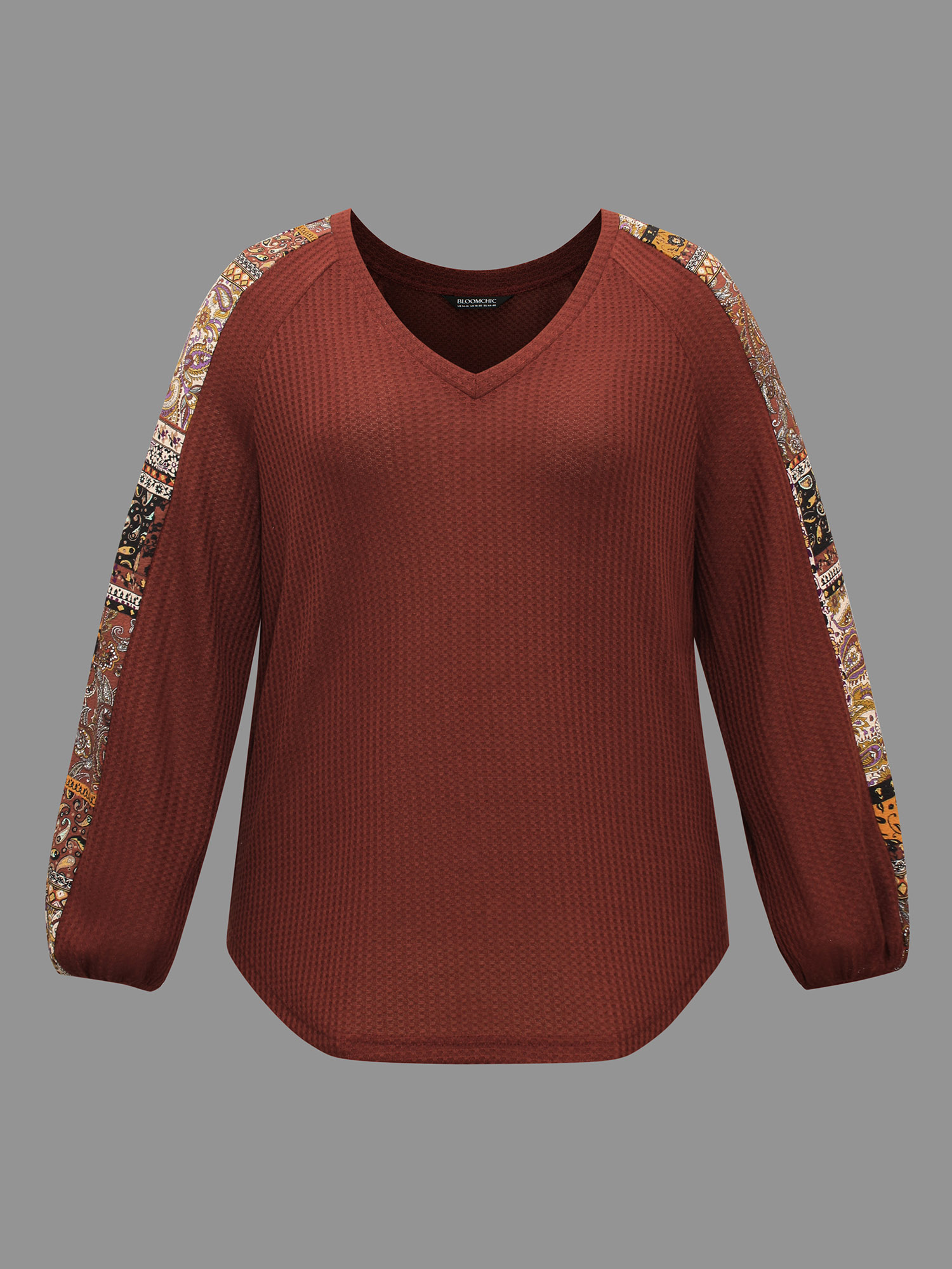 Plus Size Bandana Patchwork Waffle Knit T-shirt Maroon Women Casual Texture V-neck Loose Everyday T-shirts BloomChic 28/5X 