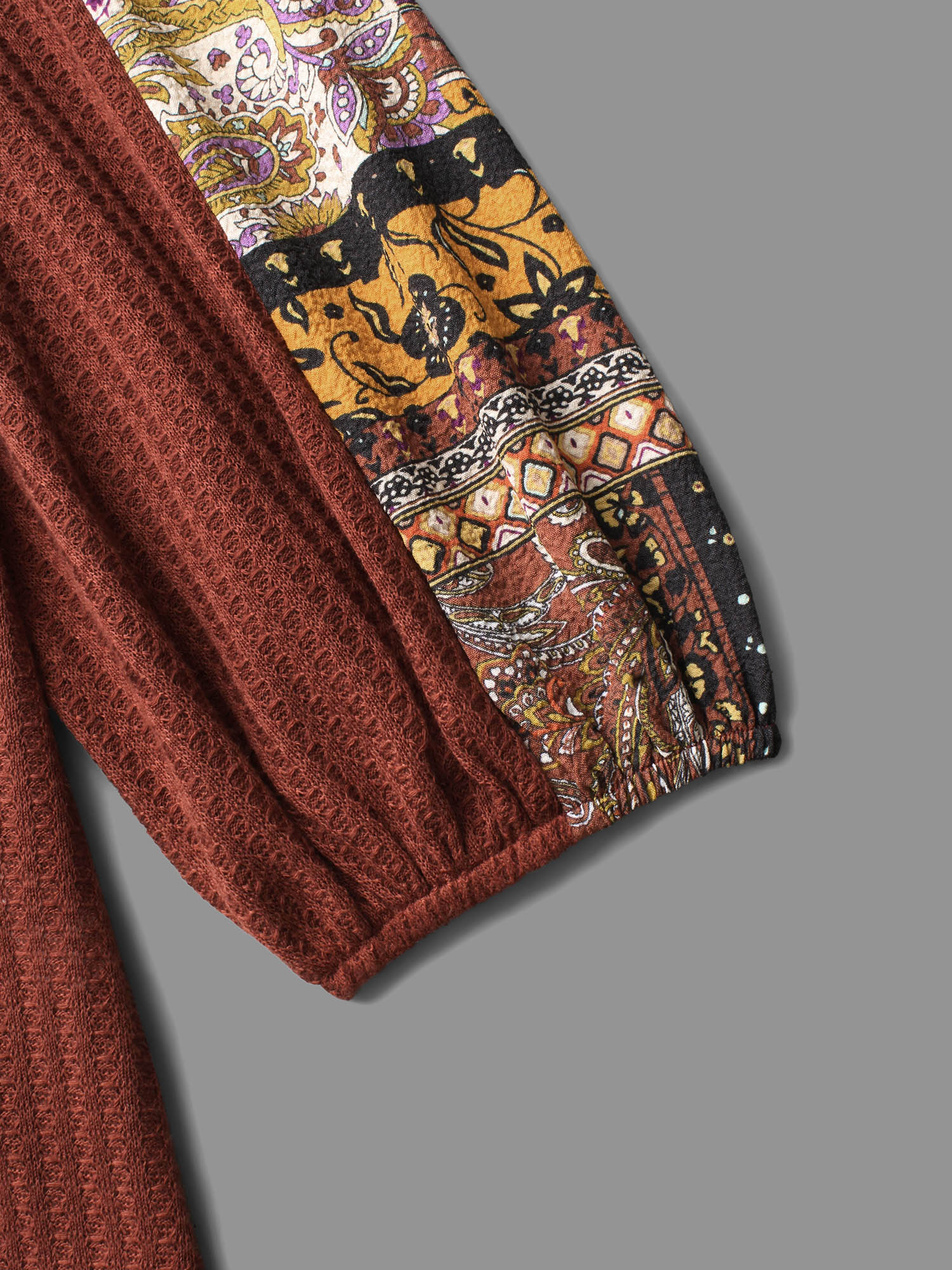 Plus Size Bandana Patchwork Waffle Knit T-shirt Maroon Women Casual Texture V-neck Loose Everyday T-shirts BloomChic 28/5X 