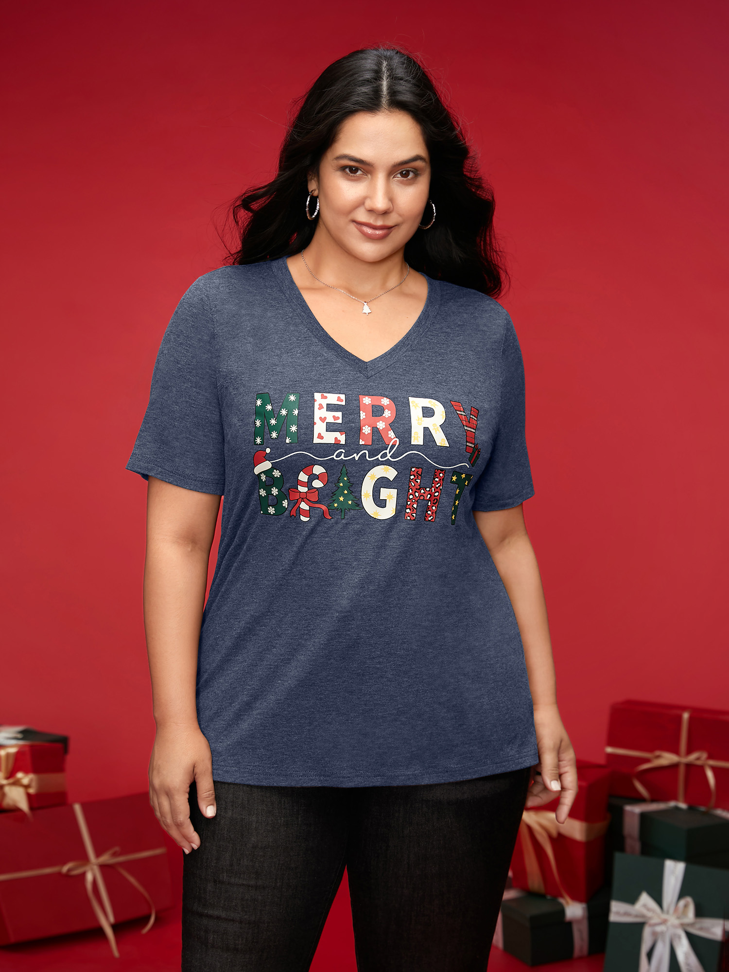 

Plus Size Merry & Bright Slogan Slim-FIt Tee Indigo Women Casual Non Christmas V-neck Everyday T-shirts BloomChic