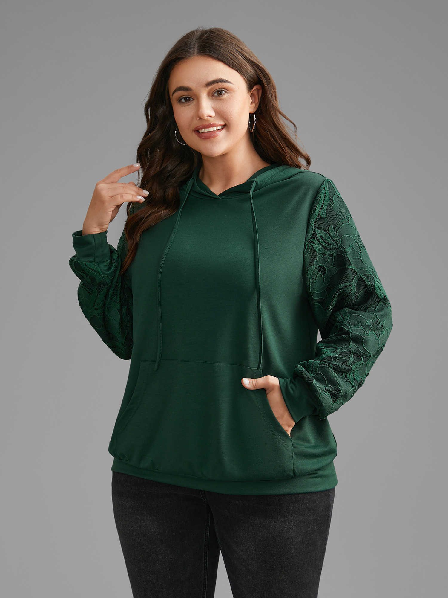 

Plus Size Lace Patchwork Pocket Hooded Drawstring Sweatshirt Women DarkGreen Casual Patchwork Hooded Everyday Sweatshirts BloomChic