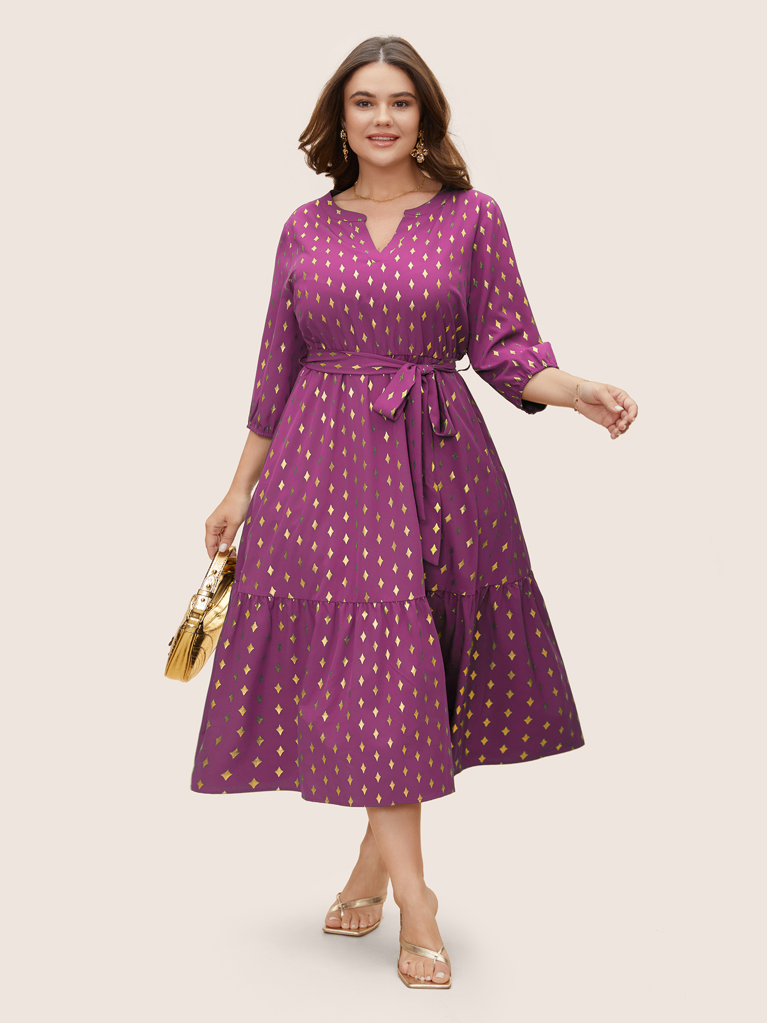 

Plus Size Glitter Notched Lantern Sleeve Midi Dress Deeppurplered Women Formal Gathered Notched collar Elbow-length sleeve Curvy BloomChic