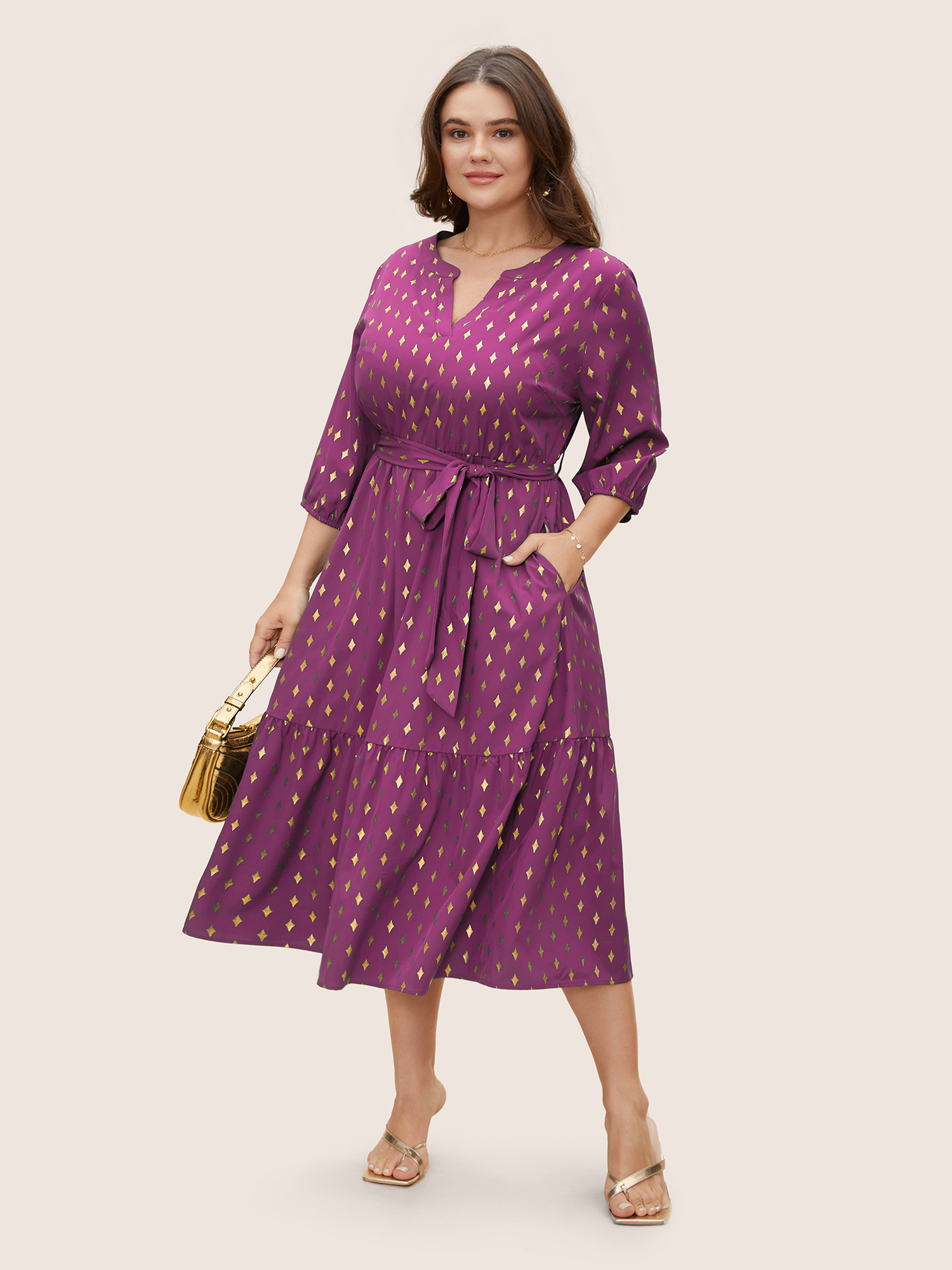 

Plus Size Glitter Notched Lantern Sleeve Midi Dress Deeppurplered Women Formal Gathered Notched collar Elbow-length sleeve Curvy BloomChic