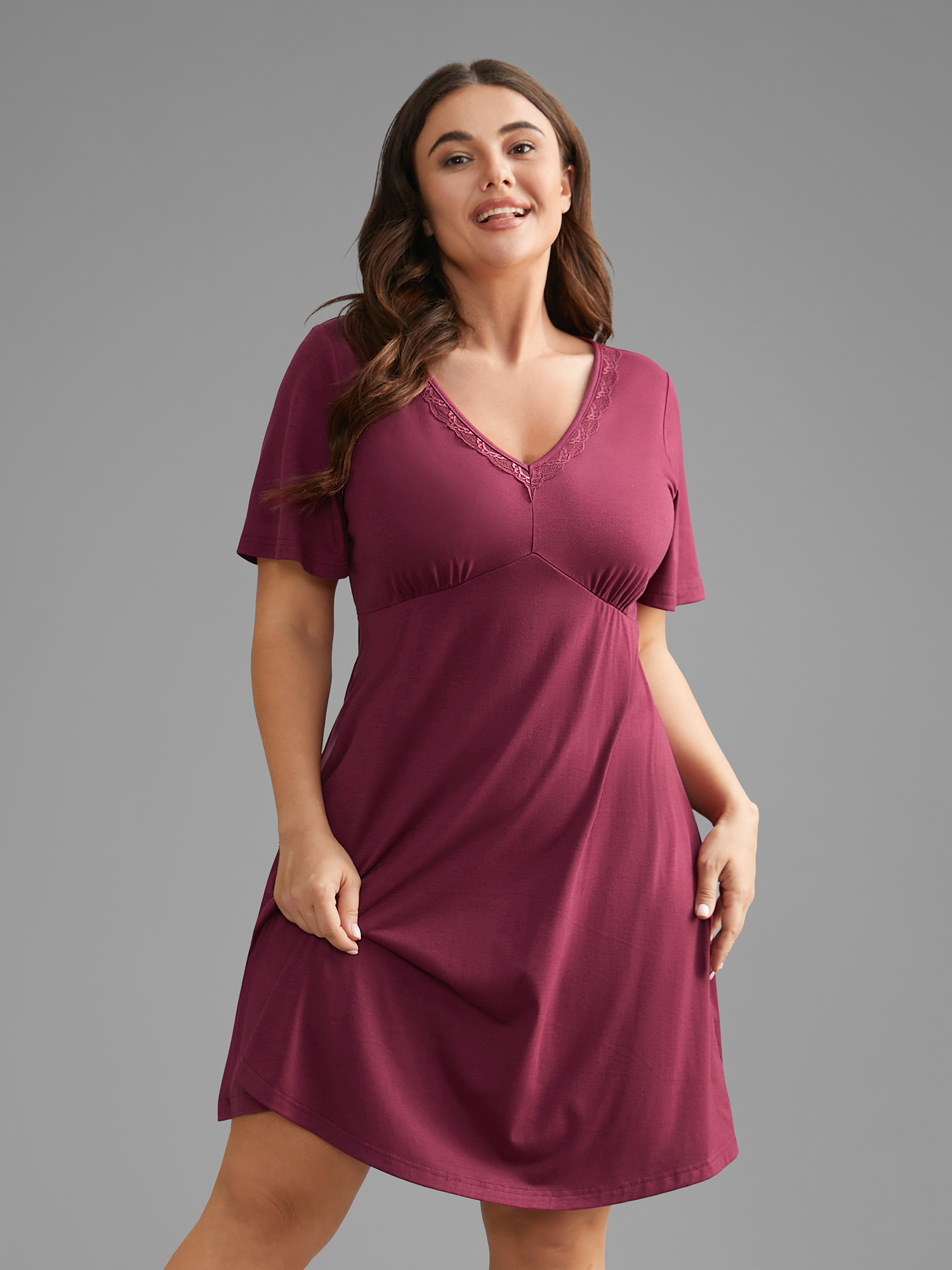 

Plus Size V Neck Lace Trim Sleep Ruffle Sleeve Dress Deeppurplered Short sleeve V-neck Lounge Everyday  Bloomchic