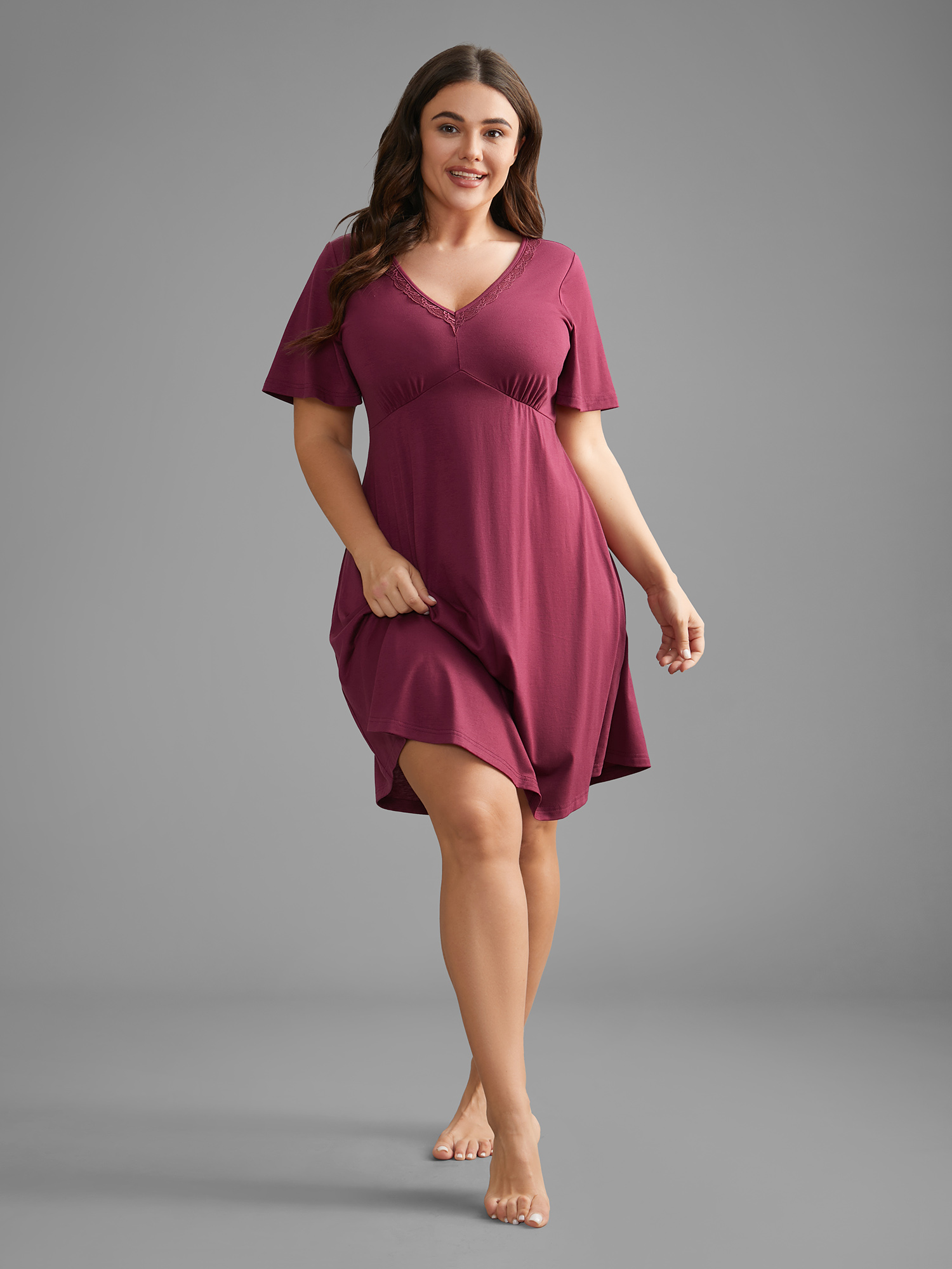 Side view of BloomChic Women's Plus Size V-Neck Lace Trim Nightgown Deeppurplered Short sleeve V-Neck 18-20/2X