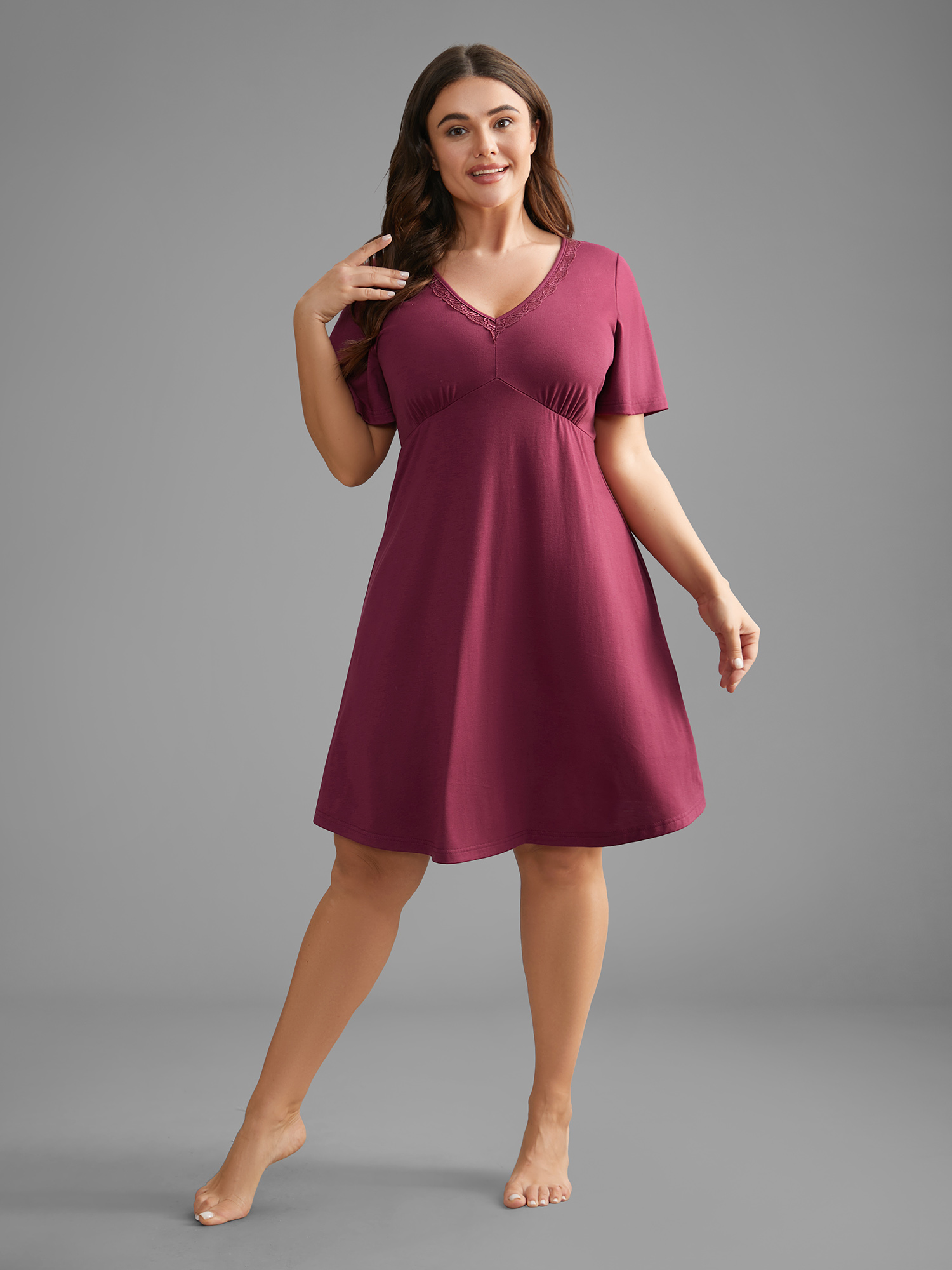 Side view of BloomChic Women's Plus Size V-Neck Lace Trim Nightgown Deeppurplered Short sleeve V-Neck 18-20/2X