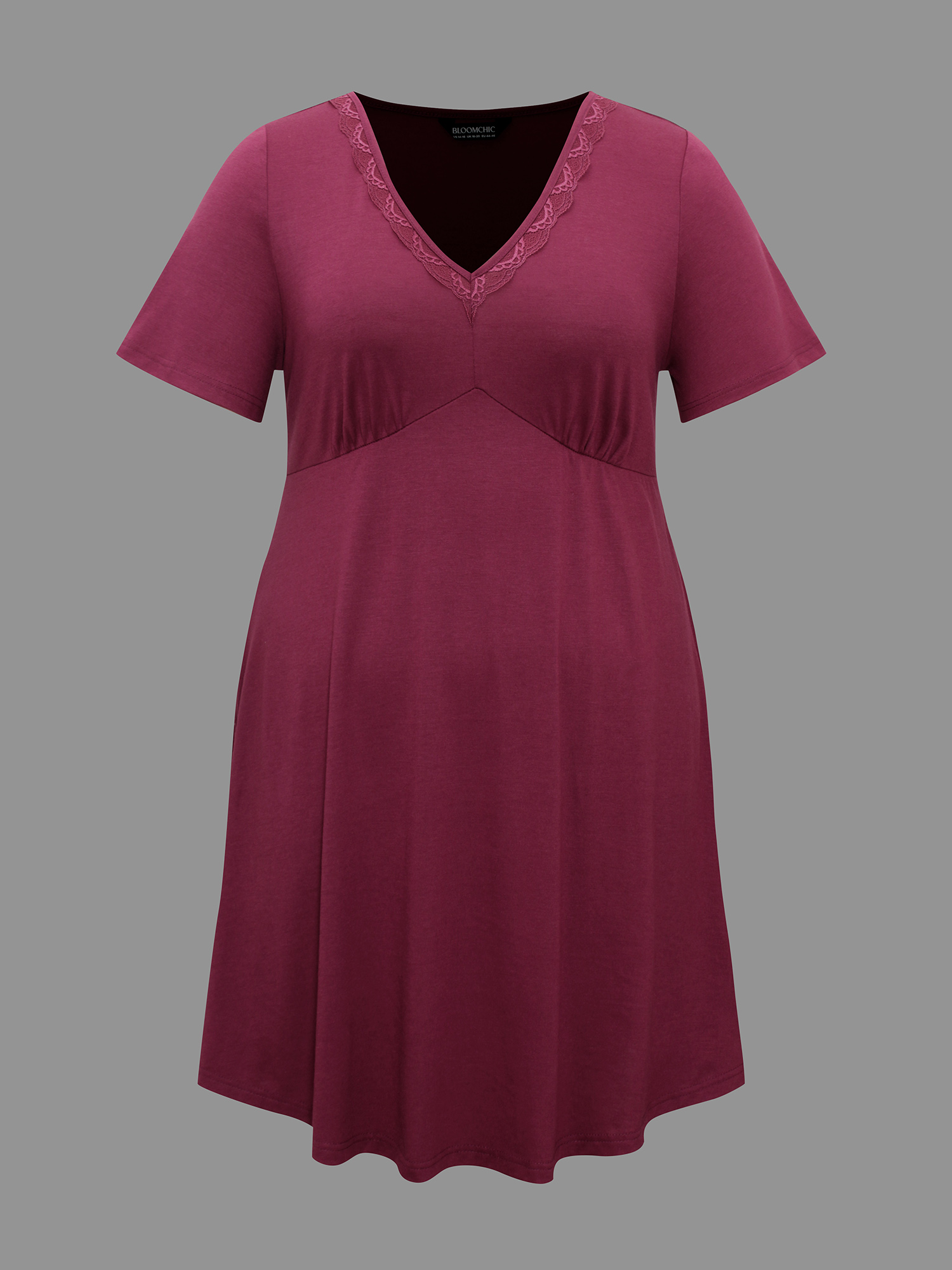 Side view of BloomChic Women's Plus Size V-Neck Lace Trim Nightgown Deeppurplered Short sleeve V-Neck 18-20/2X