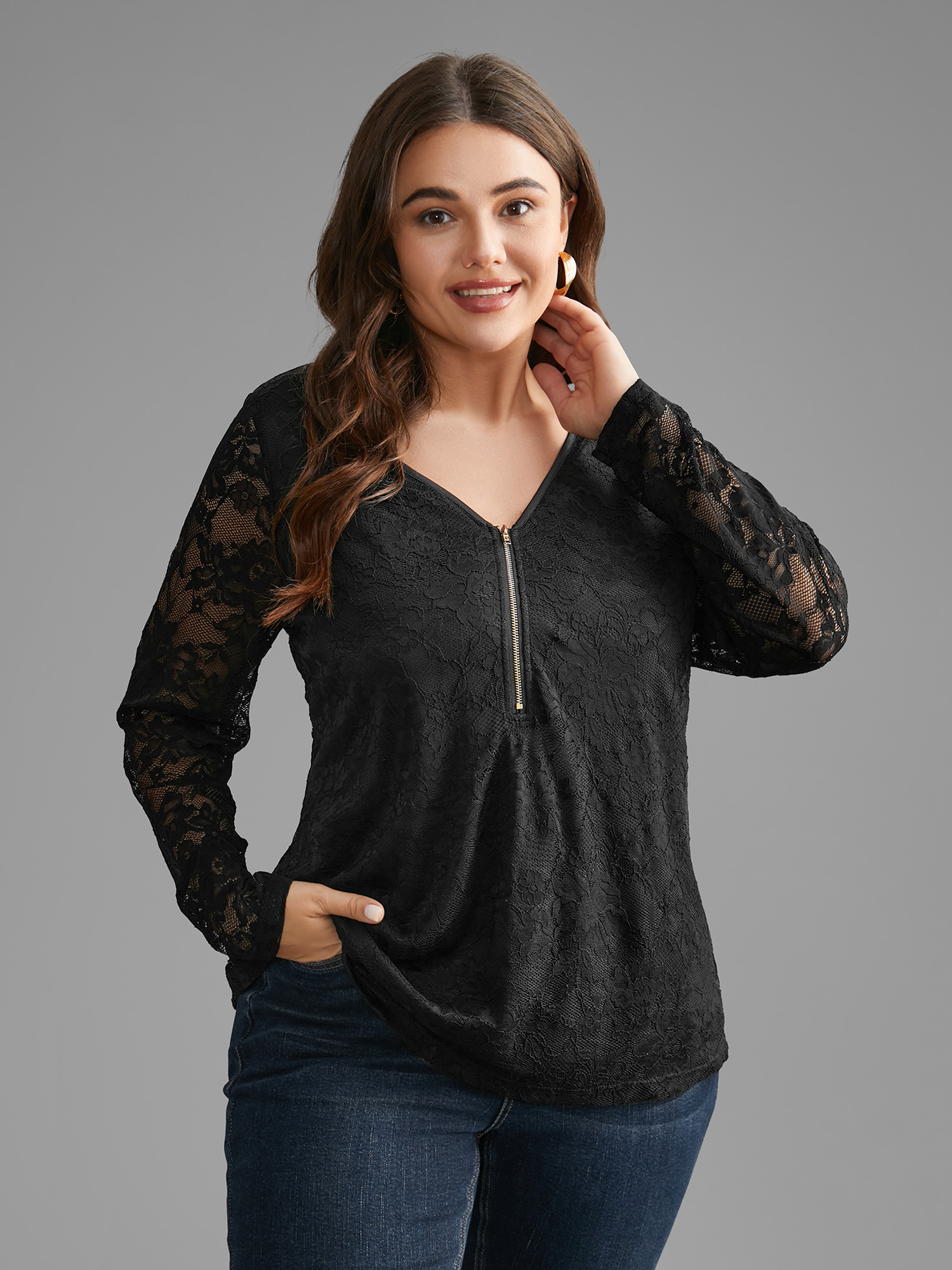 

Plus Size Lace Patchwork Half Zip Jersey Top Black V-neck Long Sleeve Elegant Jersey Tops