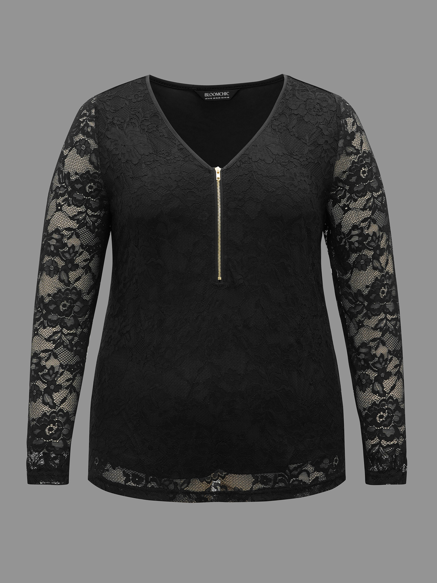 

Plus Size Lace Patchwork Half Zip Jersey Top Black V-neck Long Sleeve Elegant Jersey Tops