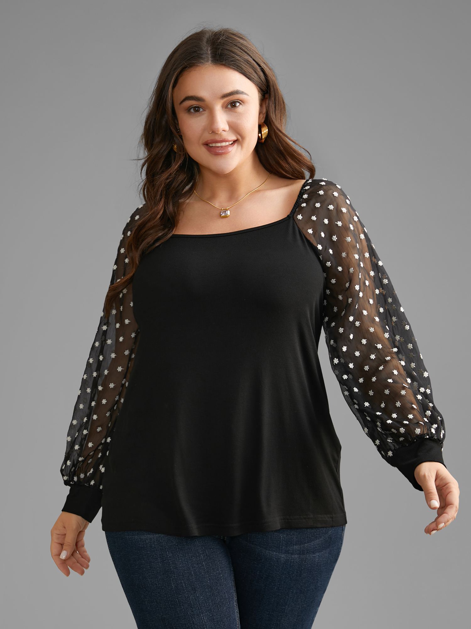 

Plus Size Square Neck Floral Embroidered Patchwork Mesh T-shirt Black Women Elegant See through Square Neck Everyday T-shirts BloomChic