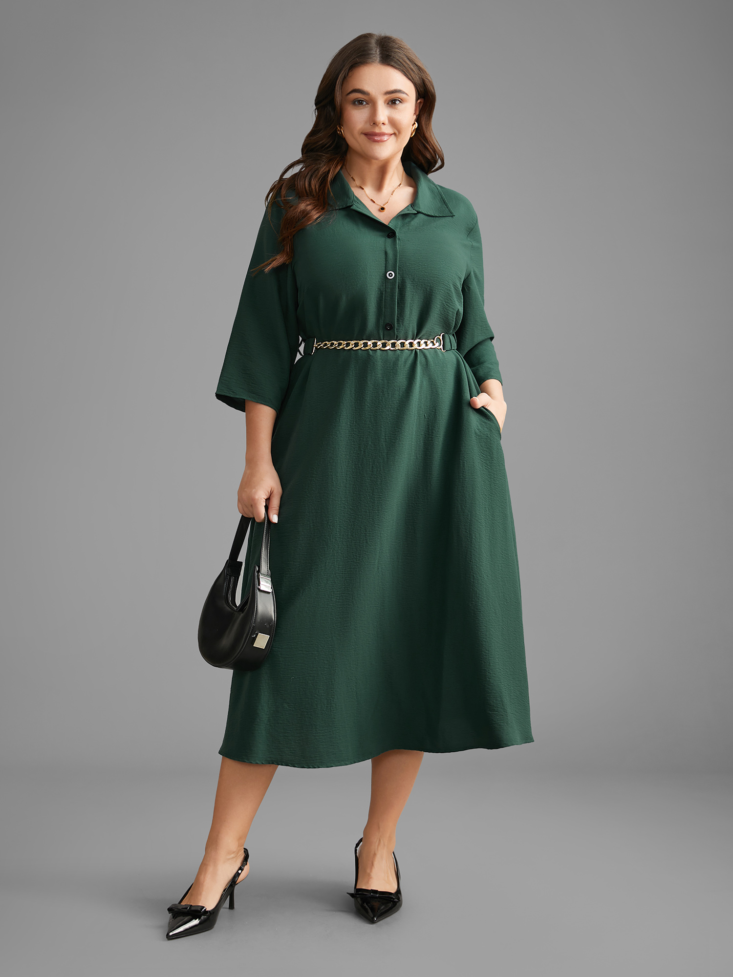 

Plus Size Shirt Collar Button Up Metal Chain Detail Dress Cyan Women At the Office Belted Shirt collar Elbow-length sleeve Curvy BloomChic