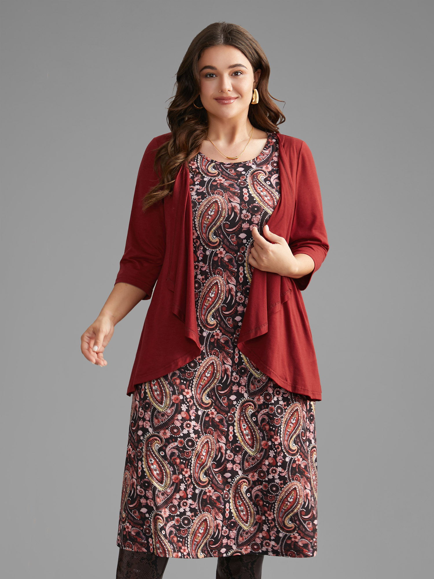 

Plus Size Two Piece Set Bandana Print Knit Dress Burgundy Women Elegant Tiered Knit Dresses Bloomchic