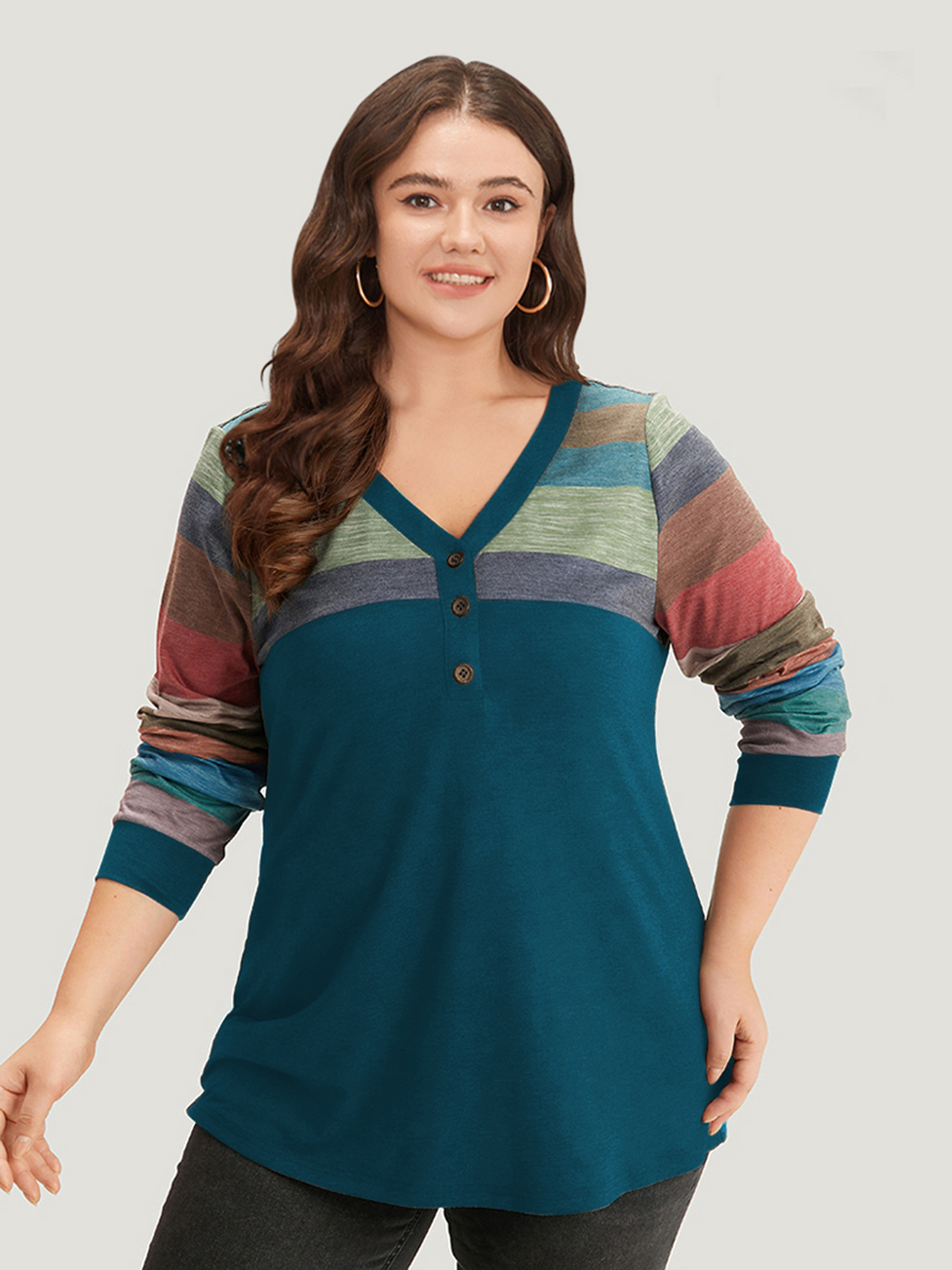 

Plus Size Colorblock Contrast V Neck Button Up T-shirt Emerald Women Casual Elastic cuffs Striped V-neck Everyday T-shirts BloomChic