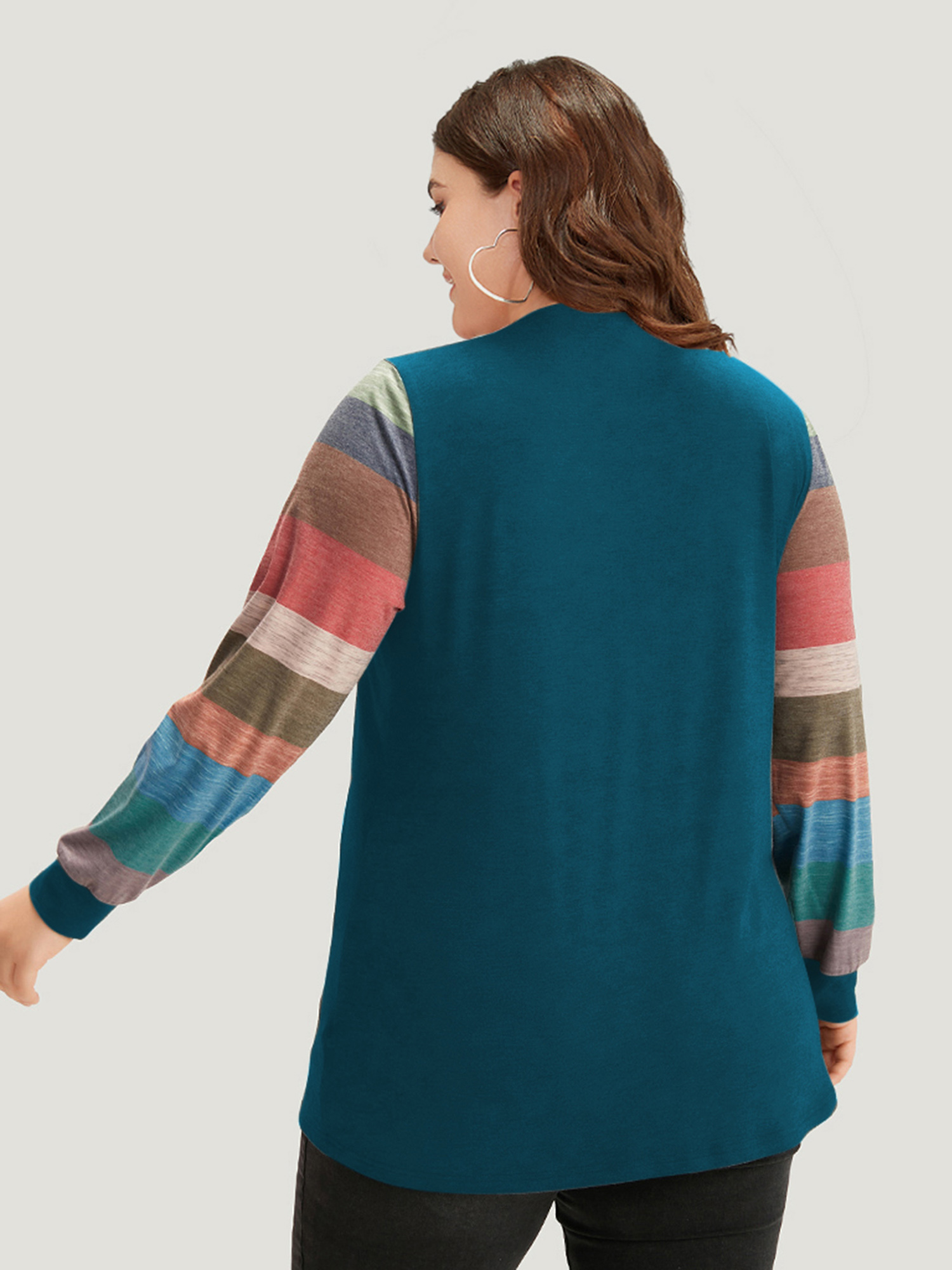 Plus Size Colorblock Contrast V Neck Button Up T-shirt Emerald Women Casual Elastic cuffs Striped V-neck Everyday T-shirts BloomChic 22-24/3X 