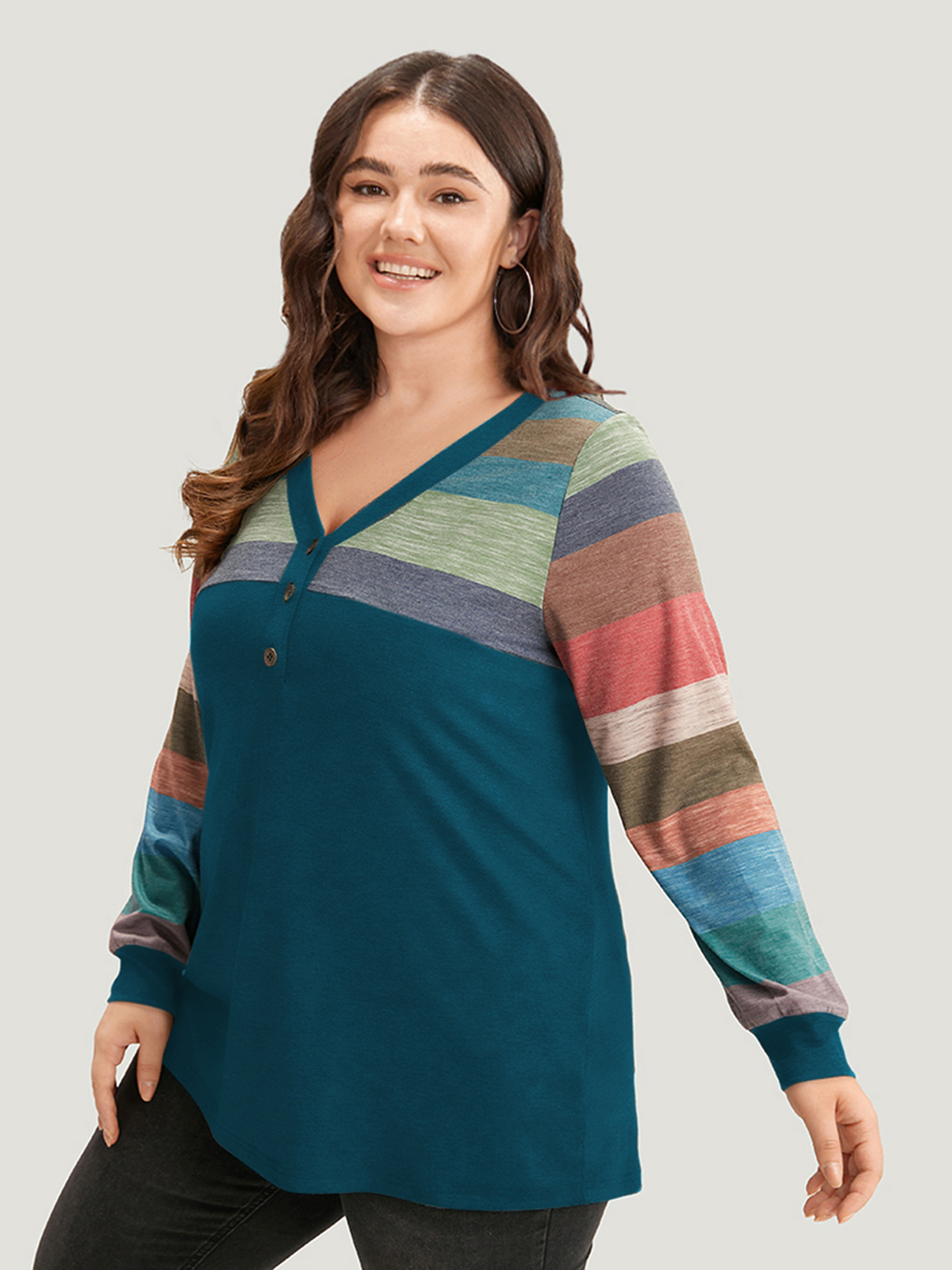 Plus Size Colorblock Contrast V Neck Button Up T-shirt Emerald Women Casual Elastic cuffs Striped V-neck Everyday T-shirts BloomChic 22-24/3X 