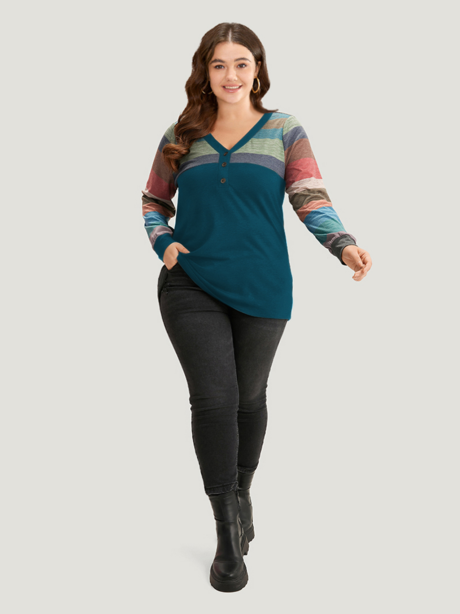 Plus Size Colorblock Contrast V Neck Button Up T-shirt Emerald Women Casual Elastic cuffs Striped V-neck Everyday T-shirts BloomChic 22-24/3X 