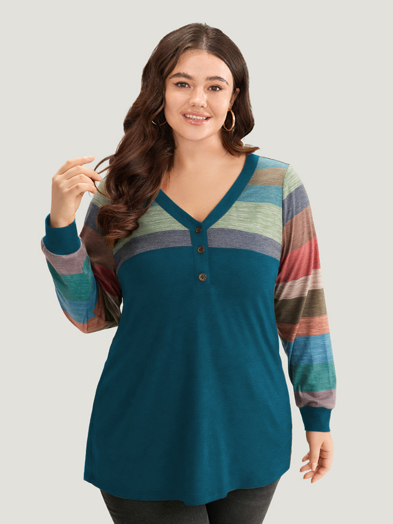 

Plus Size Colorblock Contrast V Neck Button Up T-shirt Emerald Women Casual Elastic cuffs Striped V-neck Everyday T-shirts BloomChic