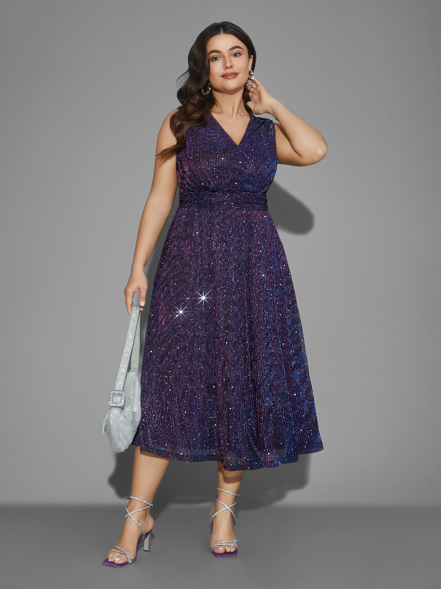 

Plus Size Glitter Overlap Collar Pit Strip Sleeveless Dress Deeppurplered Women Cocktail Texture Party Curvy Bloomchic