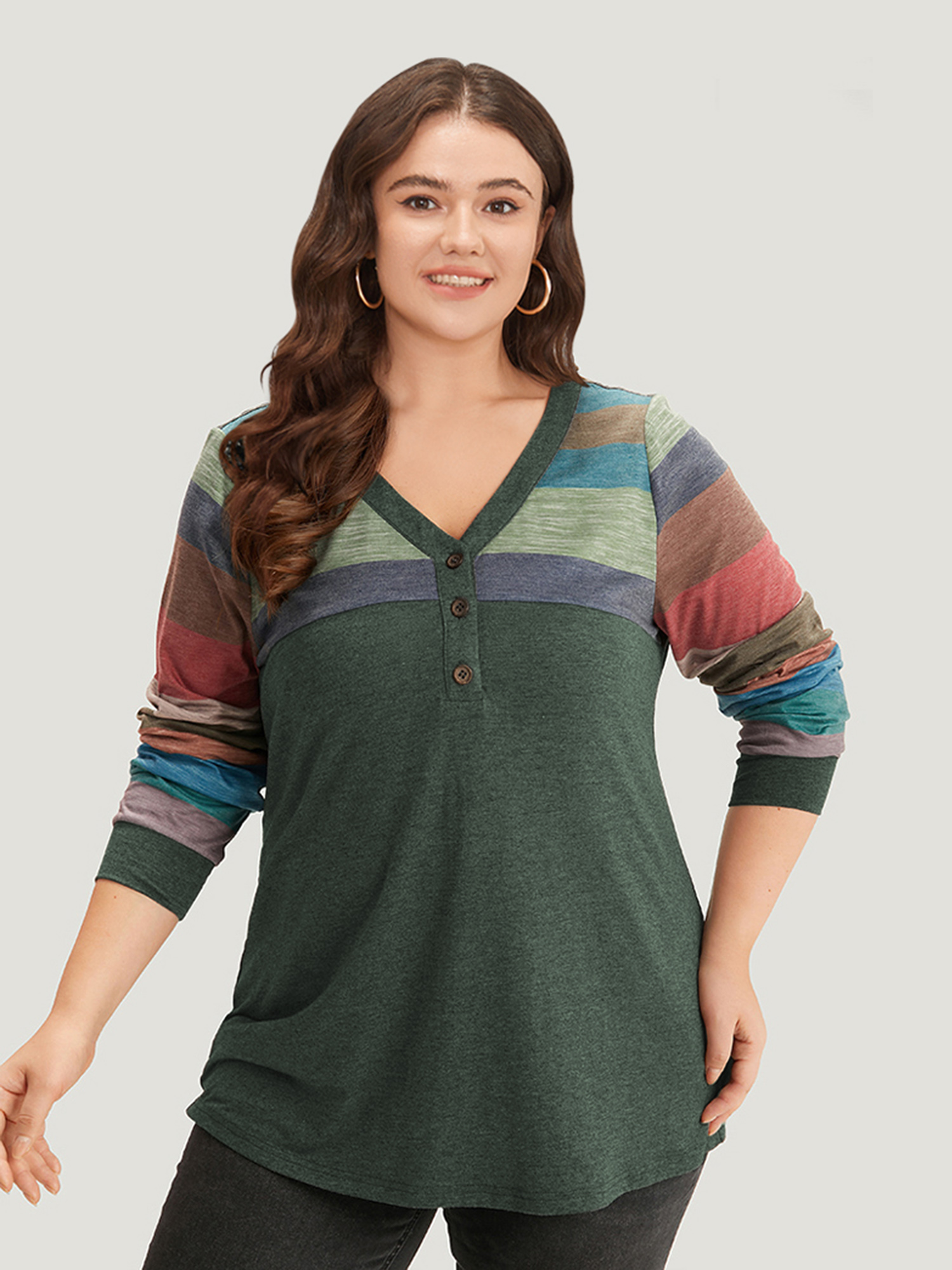 

Plus Size Colorblock Contrast V Neck Button Up T-shirt ArmyGreen Women Casual Elastic cuffs Striped V-neck Everyday T-shirts BloomChic