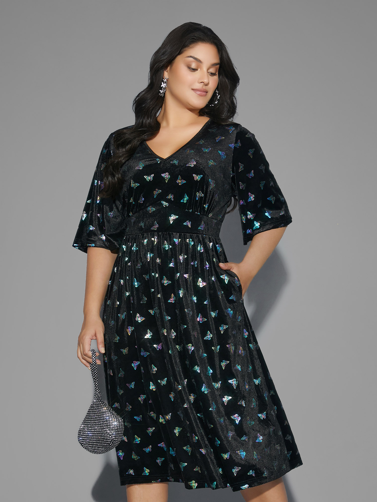 

Plus Size Butterfly Glitter Flutter Sleeve Midi Dress BlackFlower Women Cocktail Texture Party Curvy Bloomchic