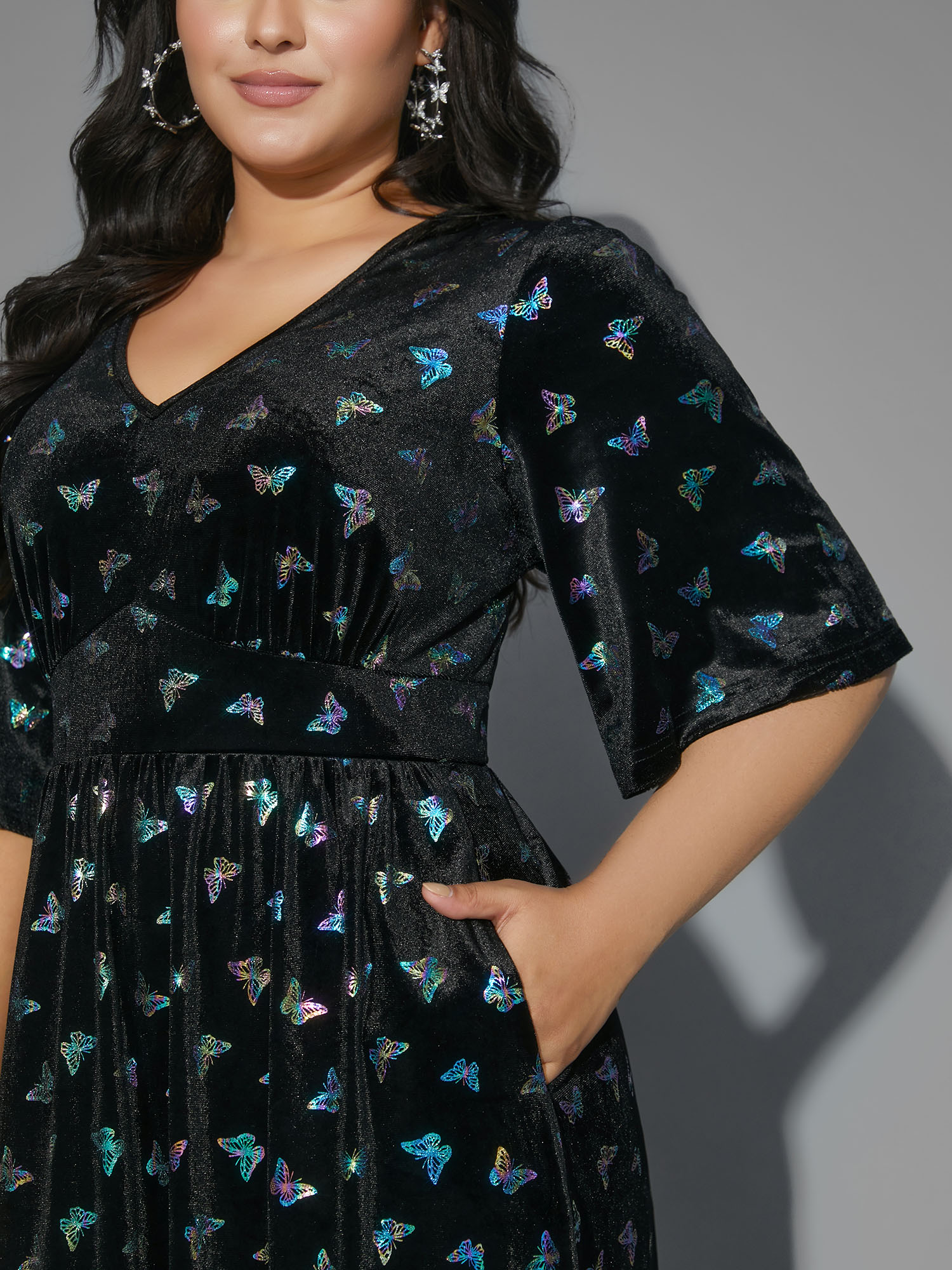 

Plus Size Butterfly Glitter Flutter Sleeve Midi Dress BlackFlower Women Cocktail Texture Party Curvy Bloomchic