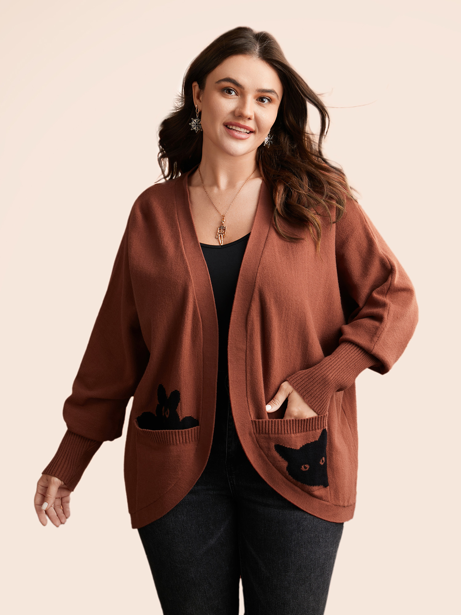 Plus Size Cat Printed Pockets Arc Hem Cardigan Browncoffeecolor Women Casual Loose Long Sleeve Everyday Cardigans BloomChic 18-20/2X 
