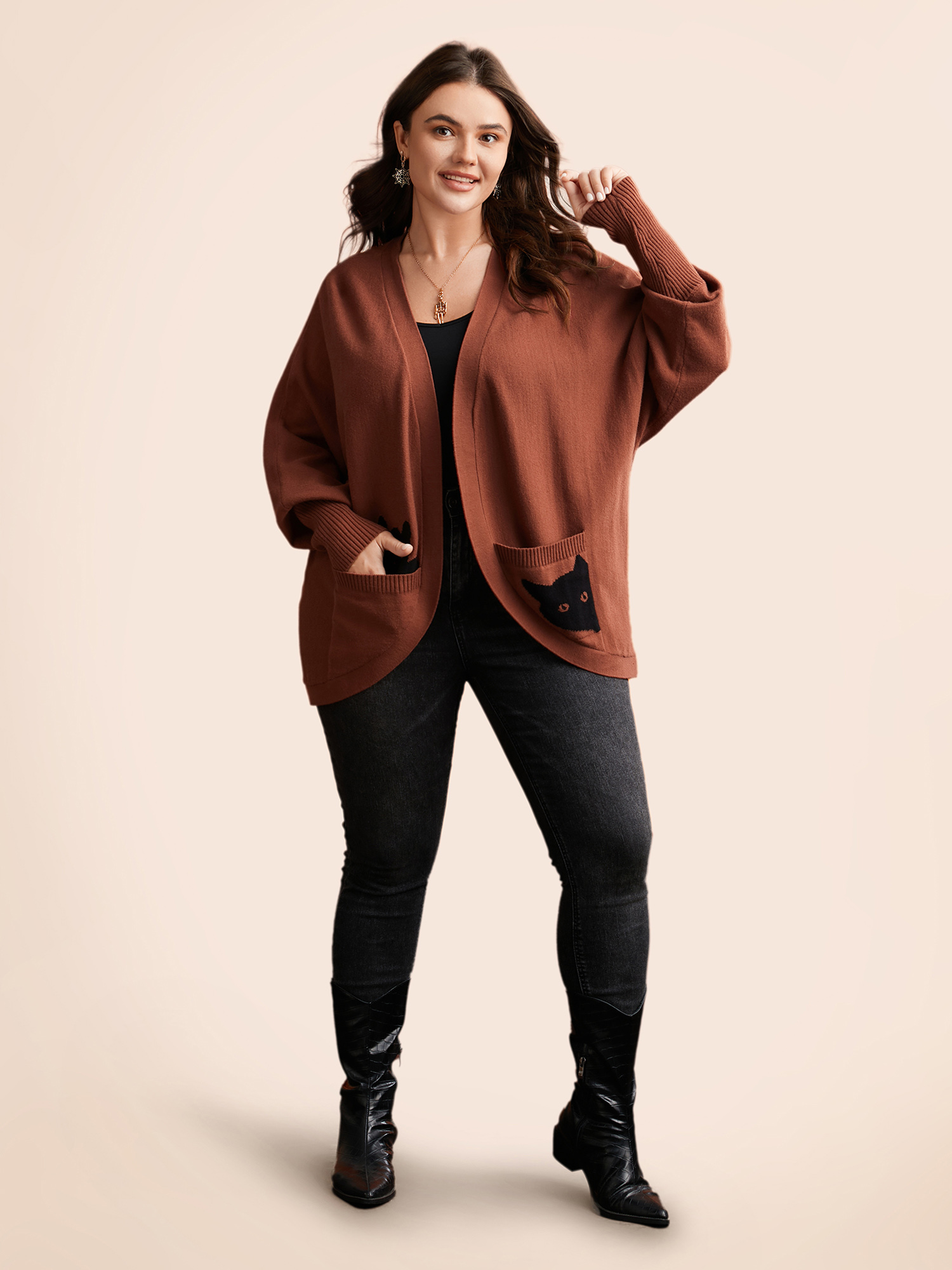 Plus Size Cat Printed Pockets Arc Hem Cardigan Browncoffeecolor Women Casual Loose Long Sleeve Everyday Cardigans BloomChic 18-20/2X 
