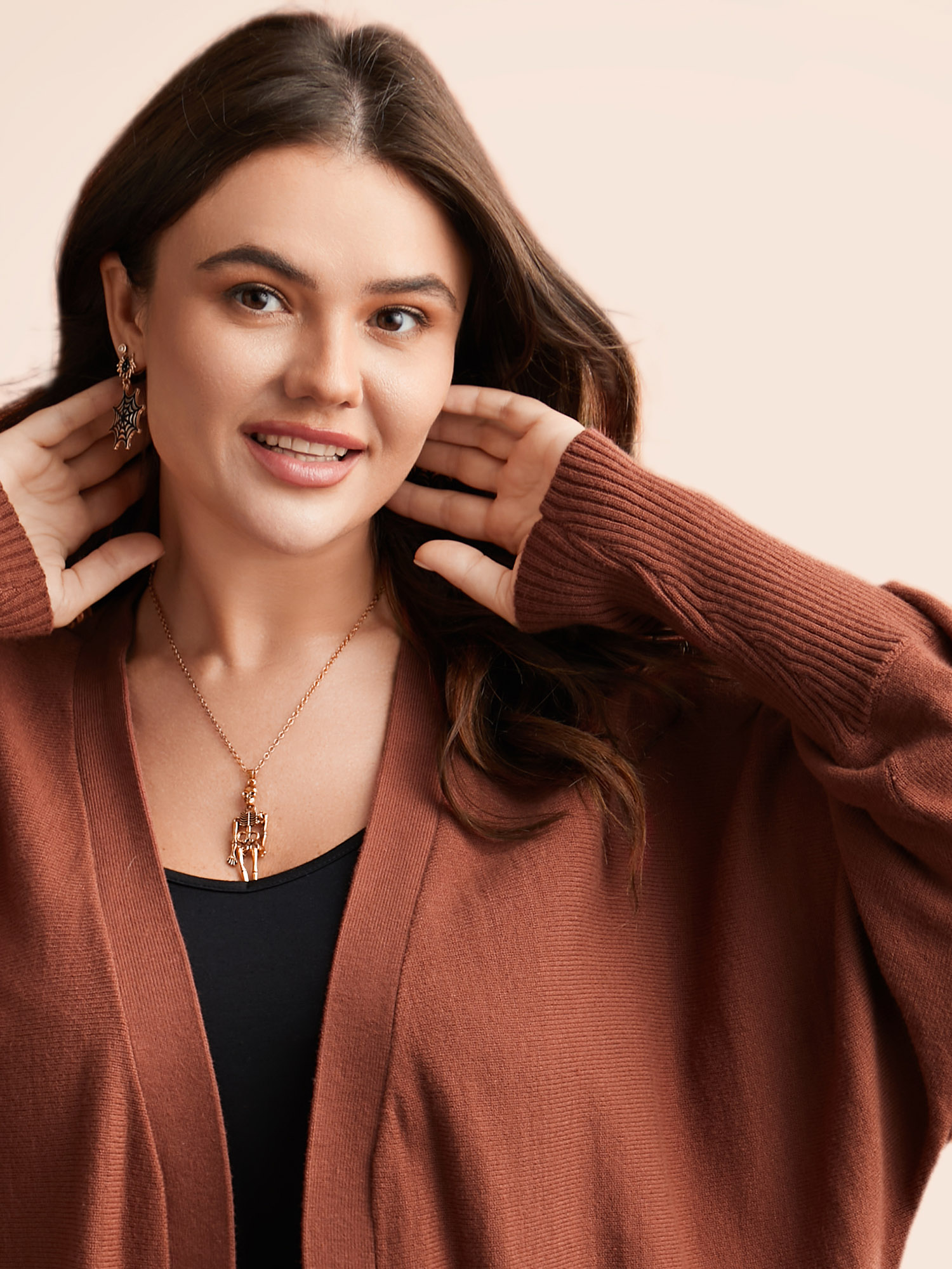 Plus Size Cat Printed Pockets Arc Hem Cardigan Browncoffeecolor Women Casual Loose Long Sleeve Everyday Cardigans BloomChic 18-20/2X 