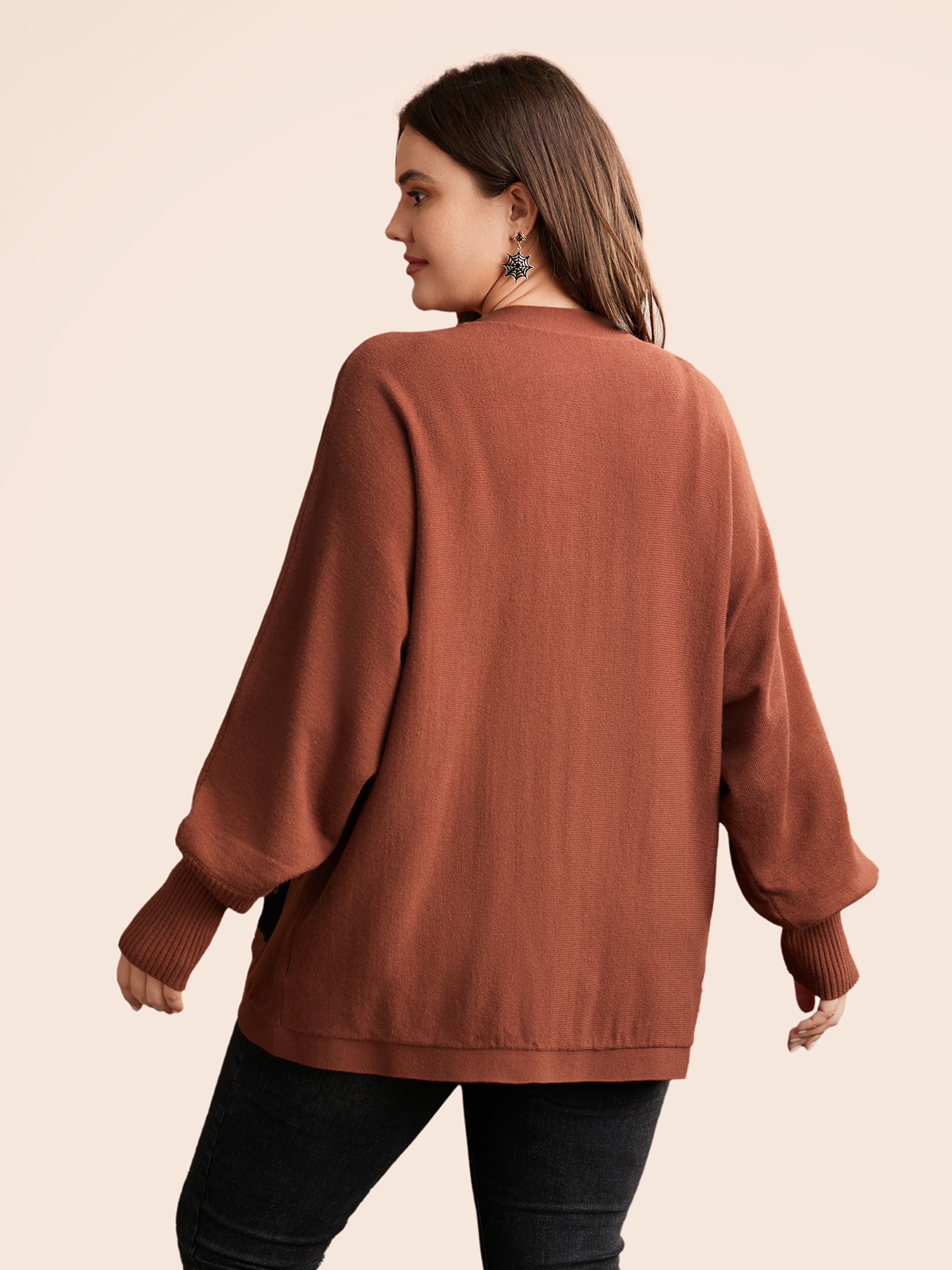 Plus Size Cat Printed Pockets Arc Hem Cardigan Browncoffeecolor Women Casual Loose Long Sleeve Everyday Cardigans BloomChic 18-20/2X 