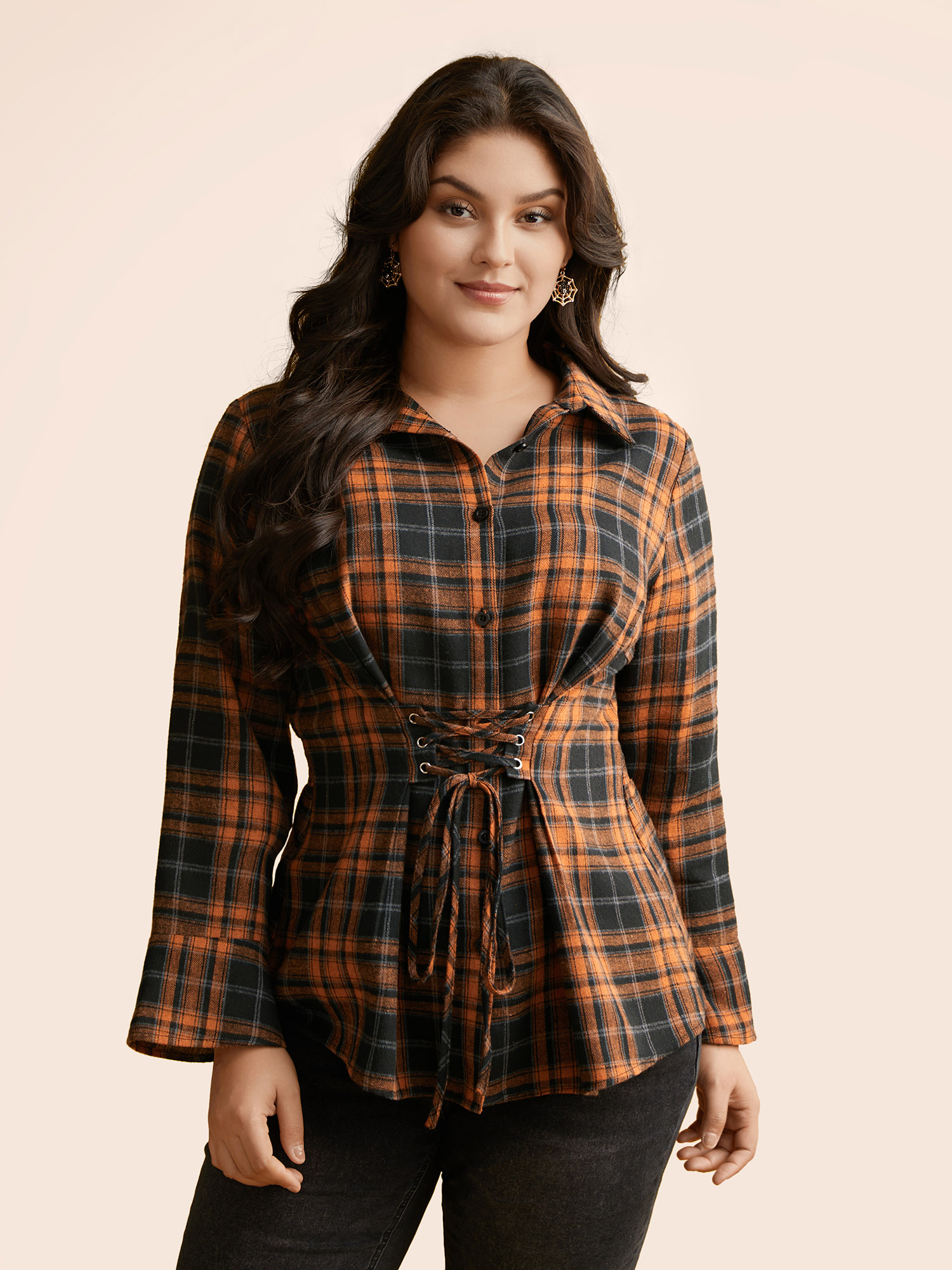 Plus Size OrangeRed Corset Plaid Waist-Cinching Blouse Women Elegant Long Sleeve Shirt collar Everyday Blouses BloomChic 30/6X 