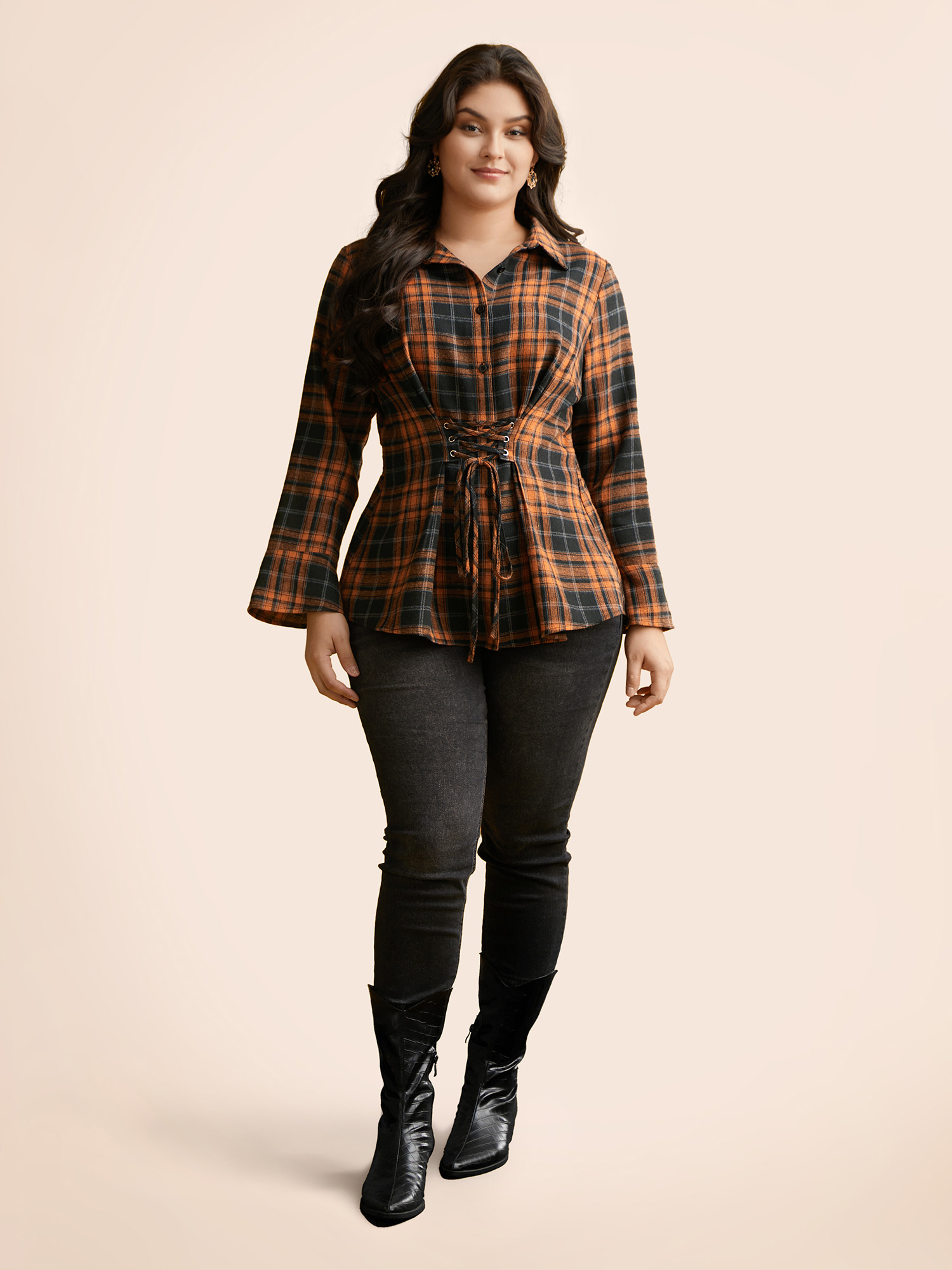 Plus Size OrangeRed Corset Plaid Waist-Cinching Blouse Women Elegant Long Sleeve Shirt collar Everyday Blouses BloomChic 30/6X 
