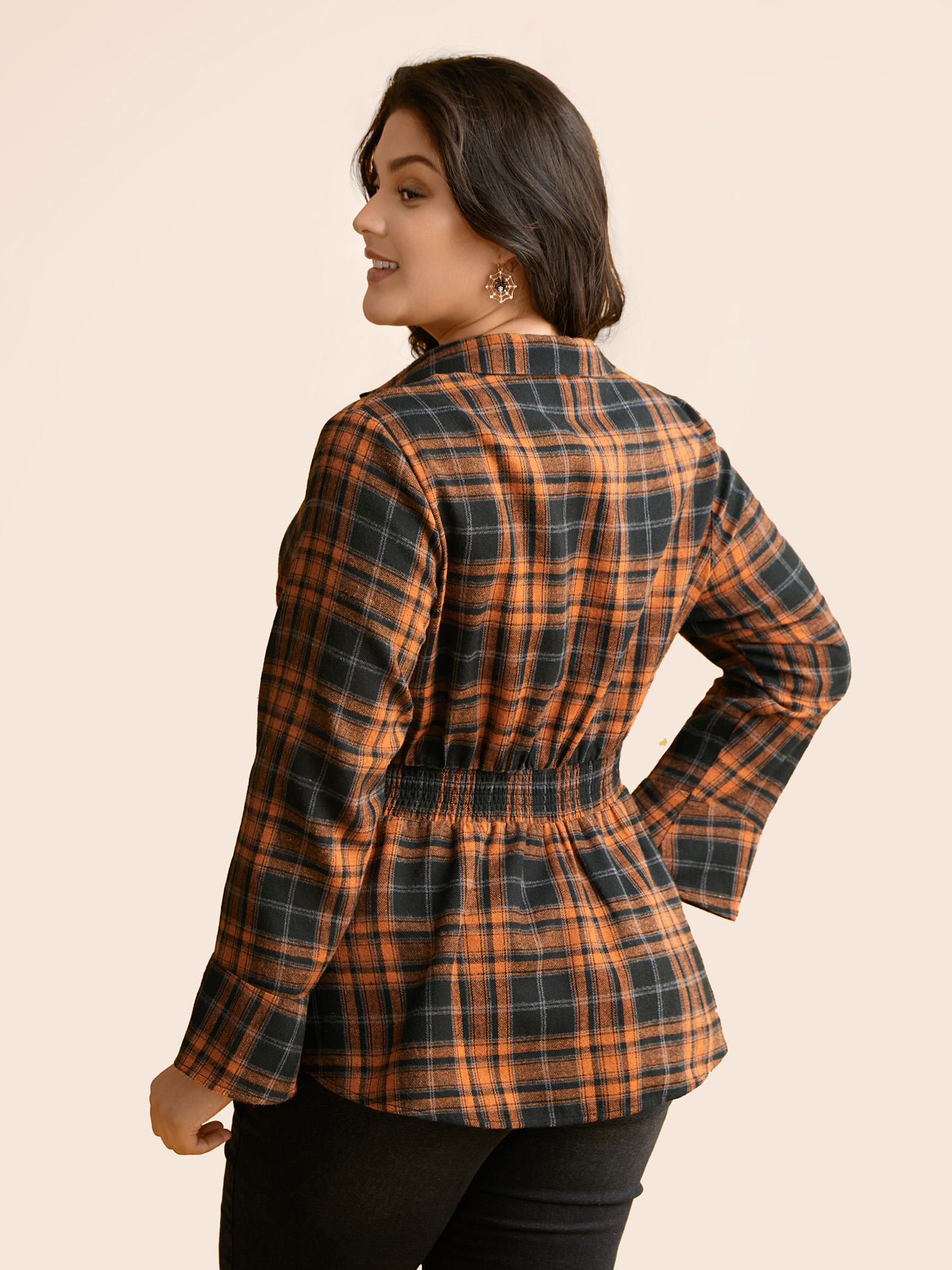 Plus Size OrangeRed Corset Plaid Waist-Cinching Blouse Women Elegant Long Sleeve Shirt collar Everyday Blouses BloomChic 30/6X 