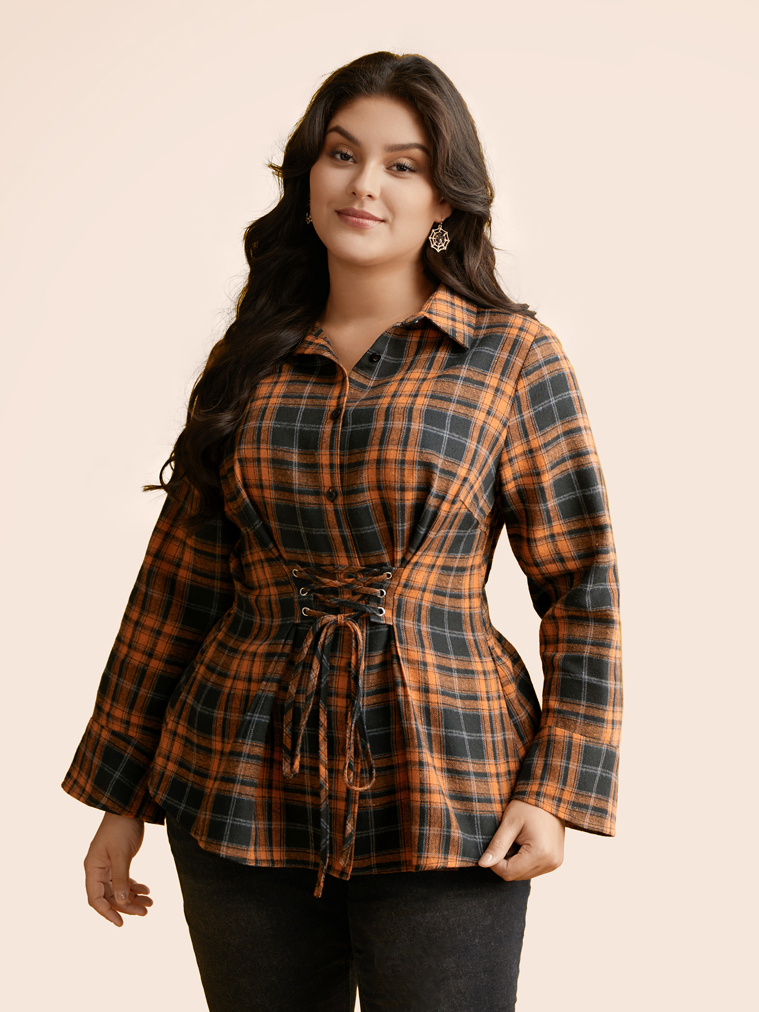 Plus Size OrangeRed Corset Plaid Waist-Cinching Blouse Women Elegant Long Sleeve Shirt collar Everyday Blouses BloomChic 30/6X 