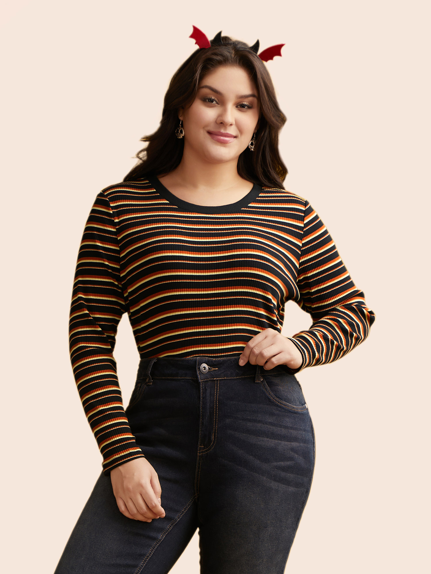 Plus Size Striped Knit Crew Neck T-shirt Black Women Casual Texture V-neck Bodycon Everyday T-shirts BloomChic 28/5X 