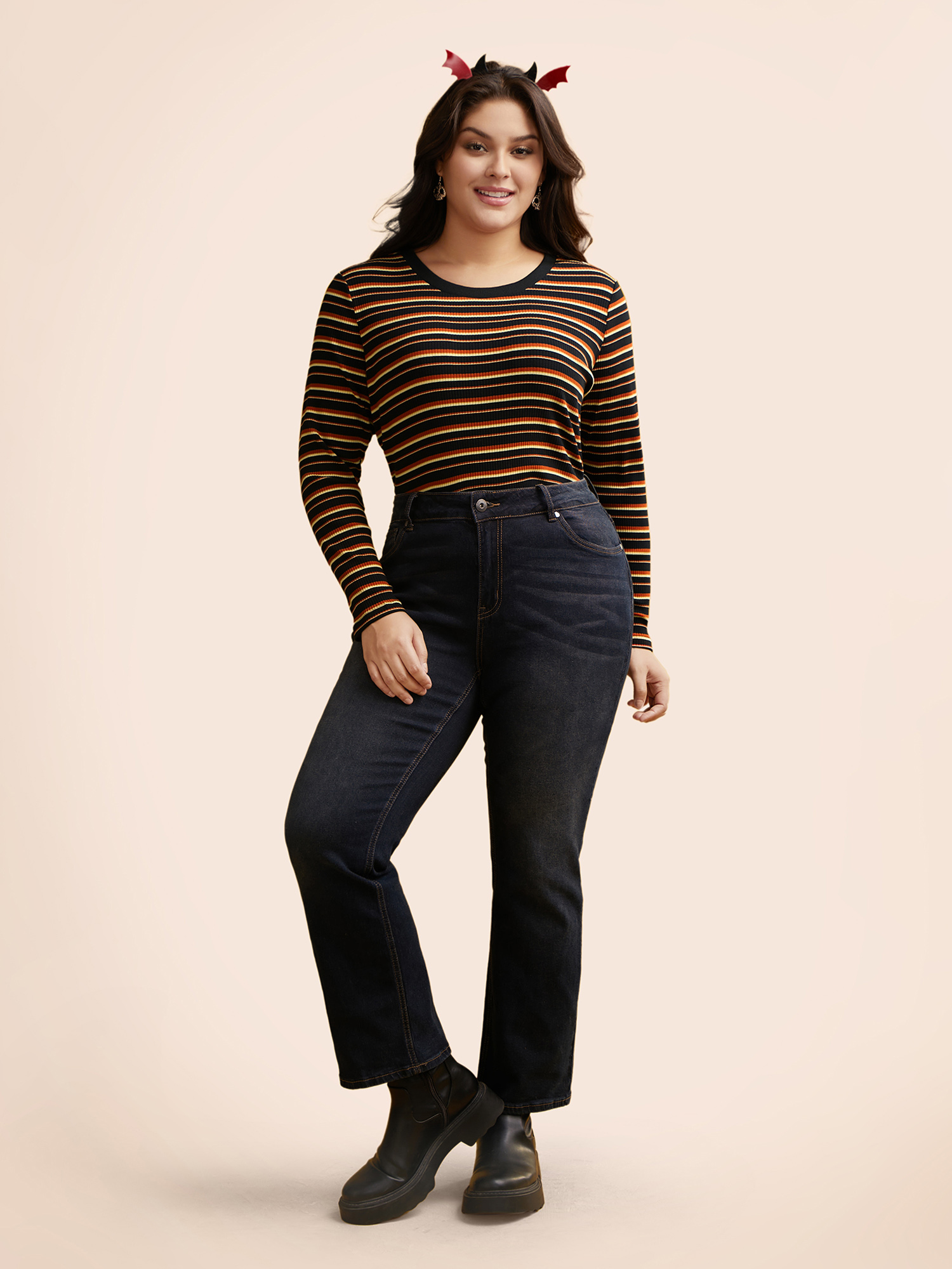 Plus Size Striped Knit Crew Neck T-shirt Black Women Casual Texture V-neck Bodycon Everyday T-shirts BloomChic 28/5X 