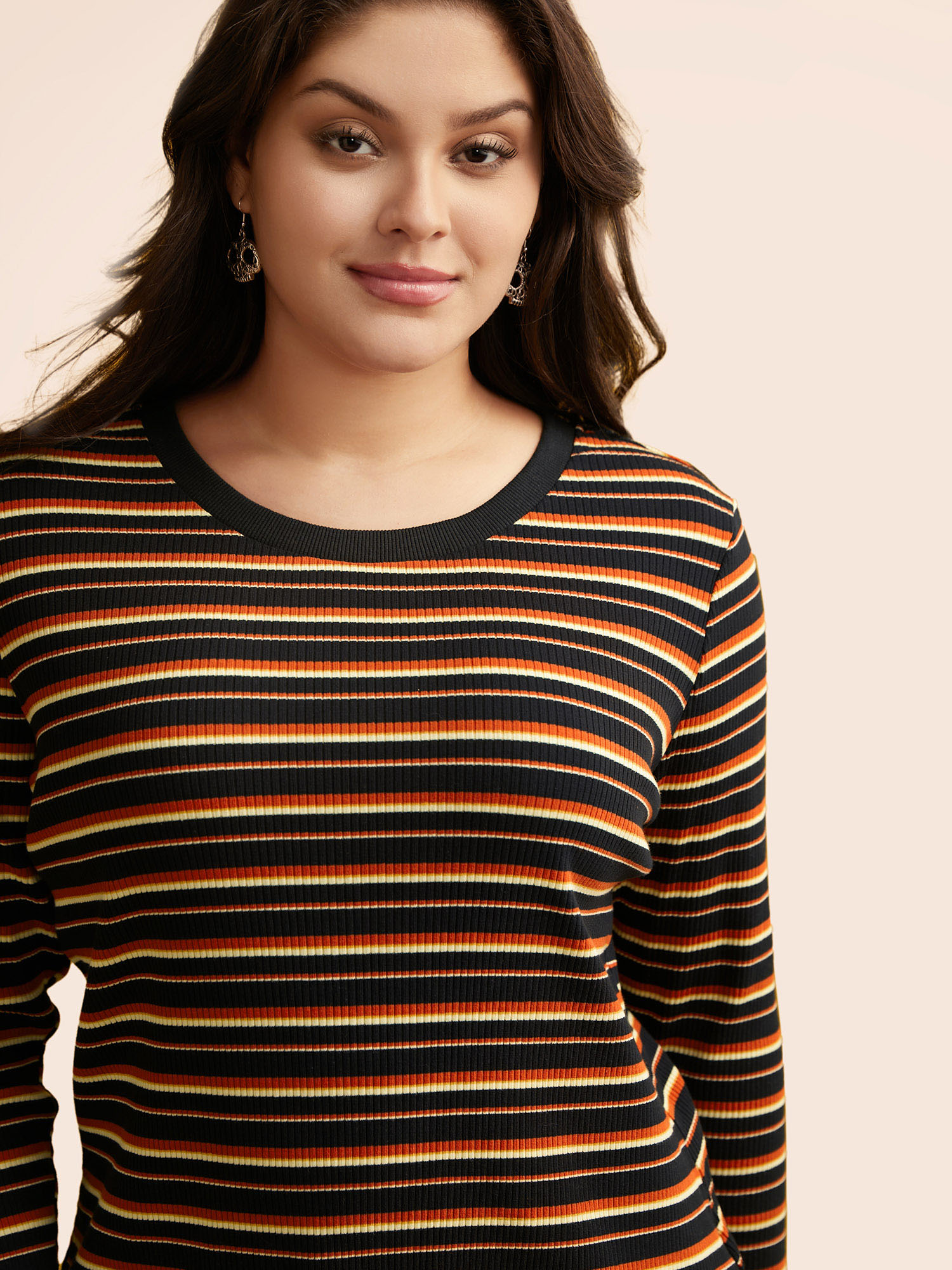 Plus Size Striped Knit Crew Neck T-shirt Black Women Casual Texture V-neck Bodycon Everyday T-shirts BloomChic 28/5X 
