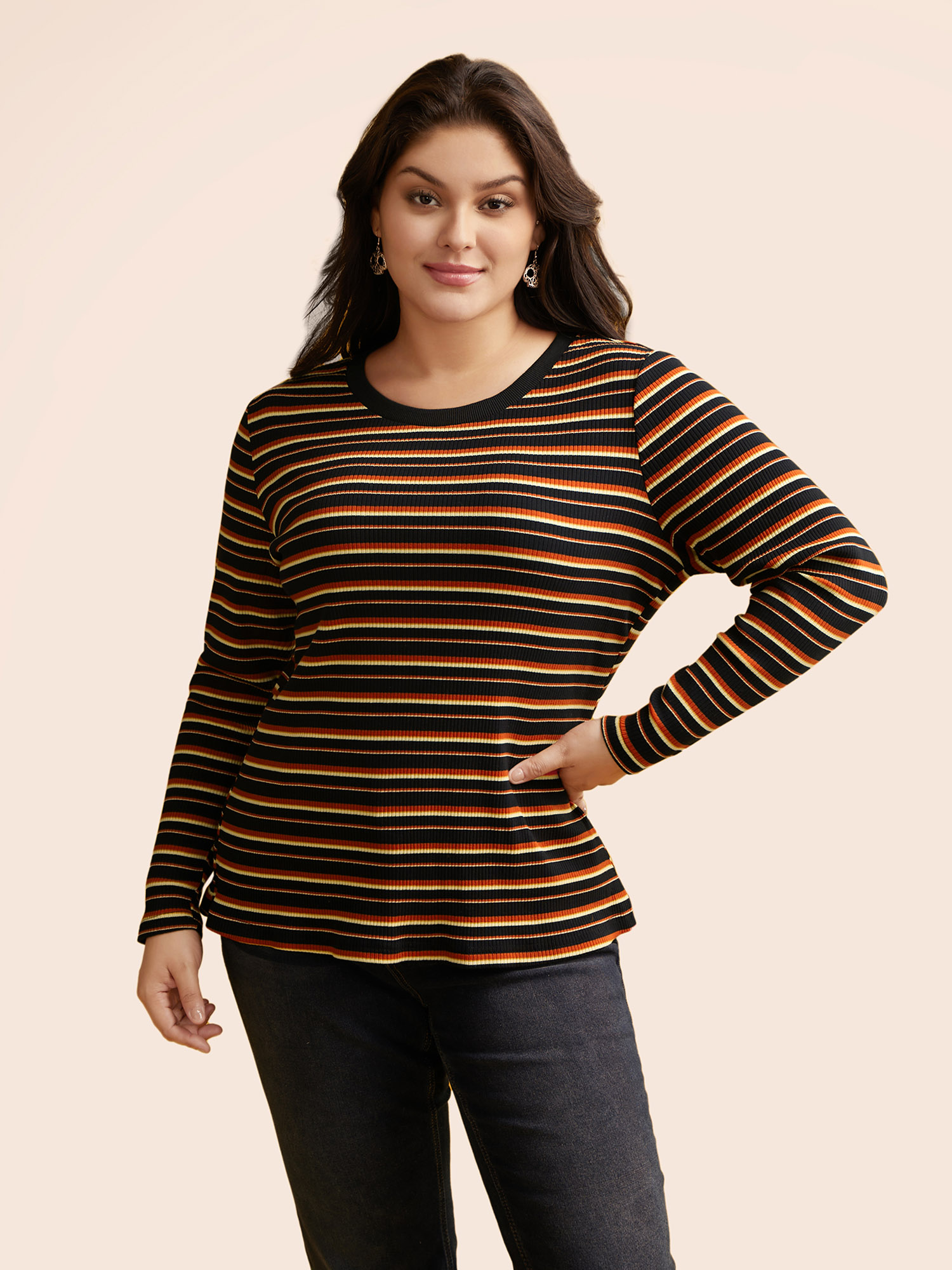 Plus Size Striped Knit Crew Neck T-shirt Black Women Casual Texture V-neck Bodycon Everyday T-shirts BloomChic 28/5X 