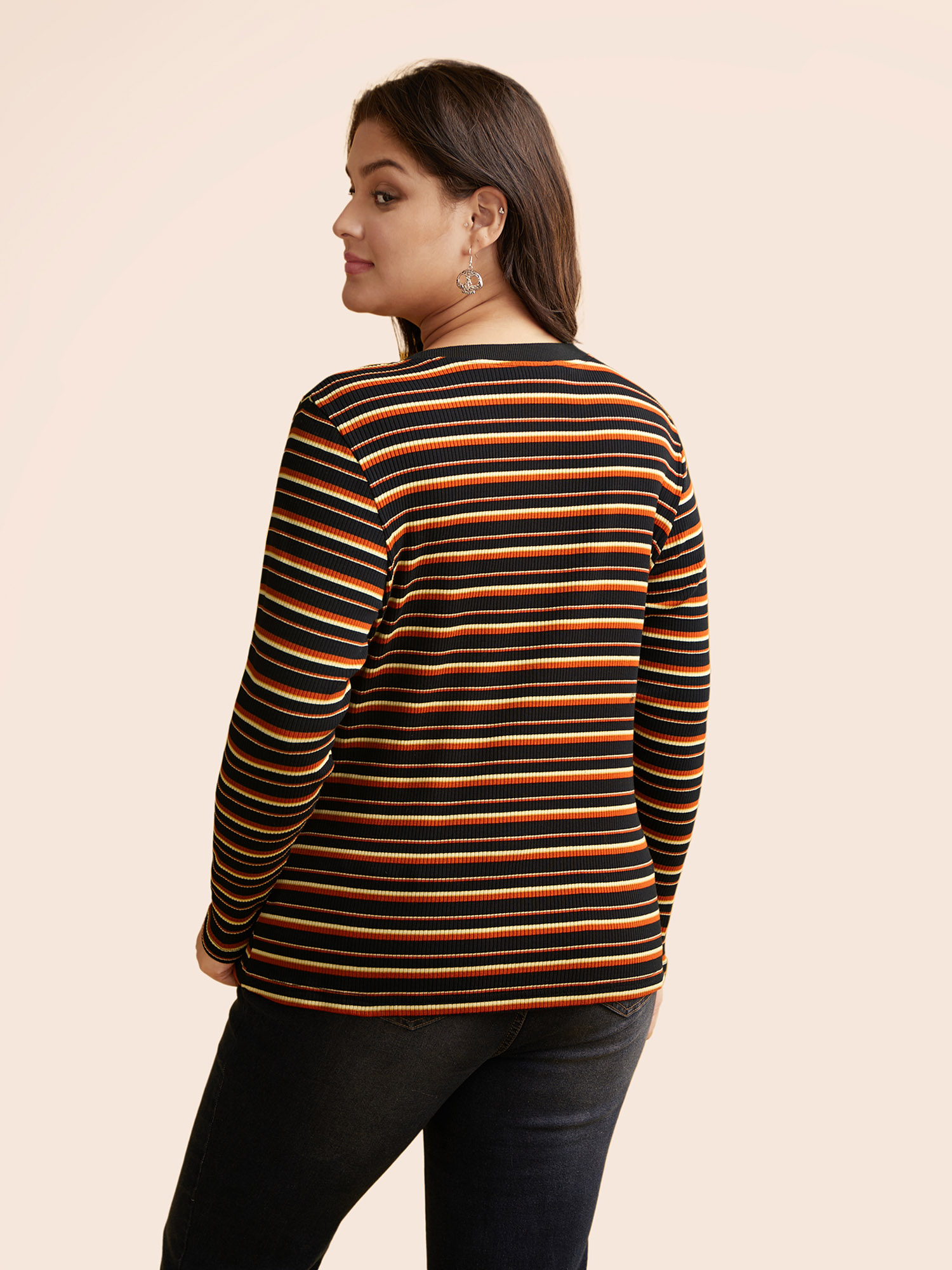 Plus Size Striped Knit Crew Neck T-shirt Black Women Casual Texture V-neck Bodycon Everyday T-shirts BloomChic 28/5X 