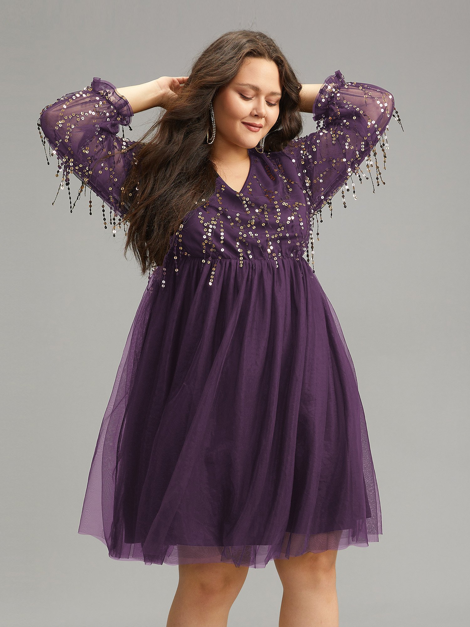 

Plus Size Sequin Mesh Patchwork Tassel Dress Eggplant Women Cocktail Gathered Overlap Collar Long Sleeve Curvy Knee Dress BloomChic