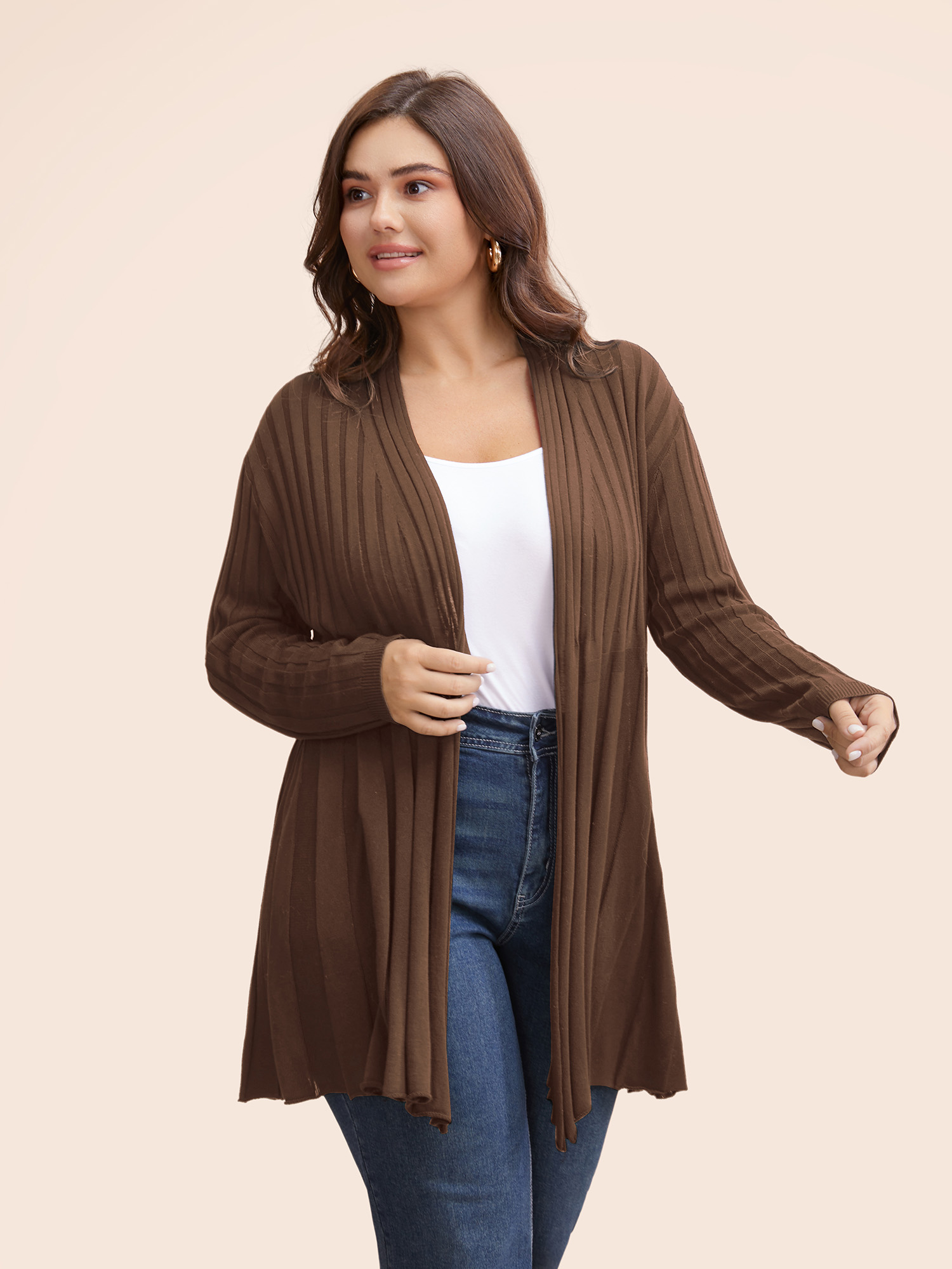 

Plus Size Plain Textured Kimono Collar Cardigan DarkBrown Women Casual Loose Long Sleeve Everyday Cardigans BloomChic