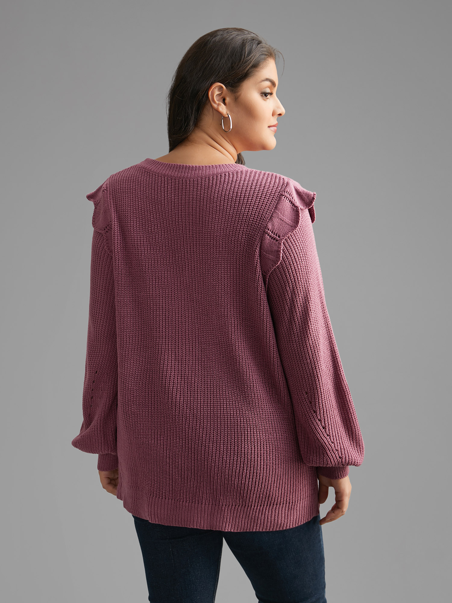 

Plus Size Plain Texture Trim Lantern Sleeve Pullover DustyPink Women Casual Loose Long Sleeve Round Neck Everyday Pullovers BloomChic