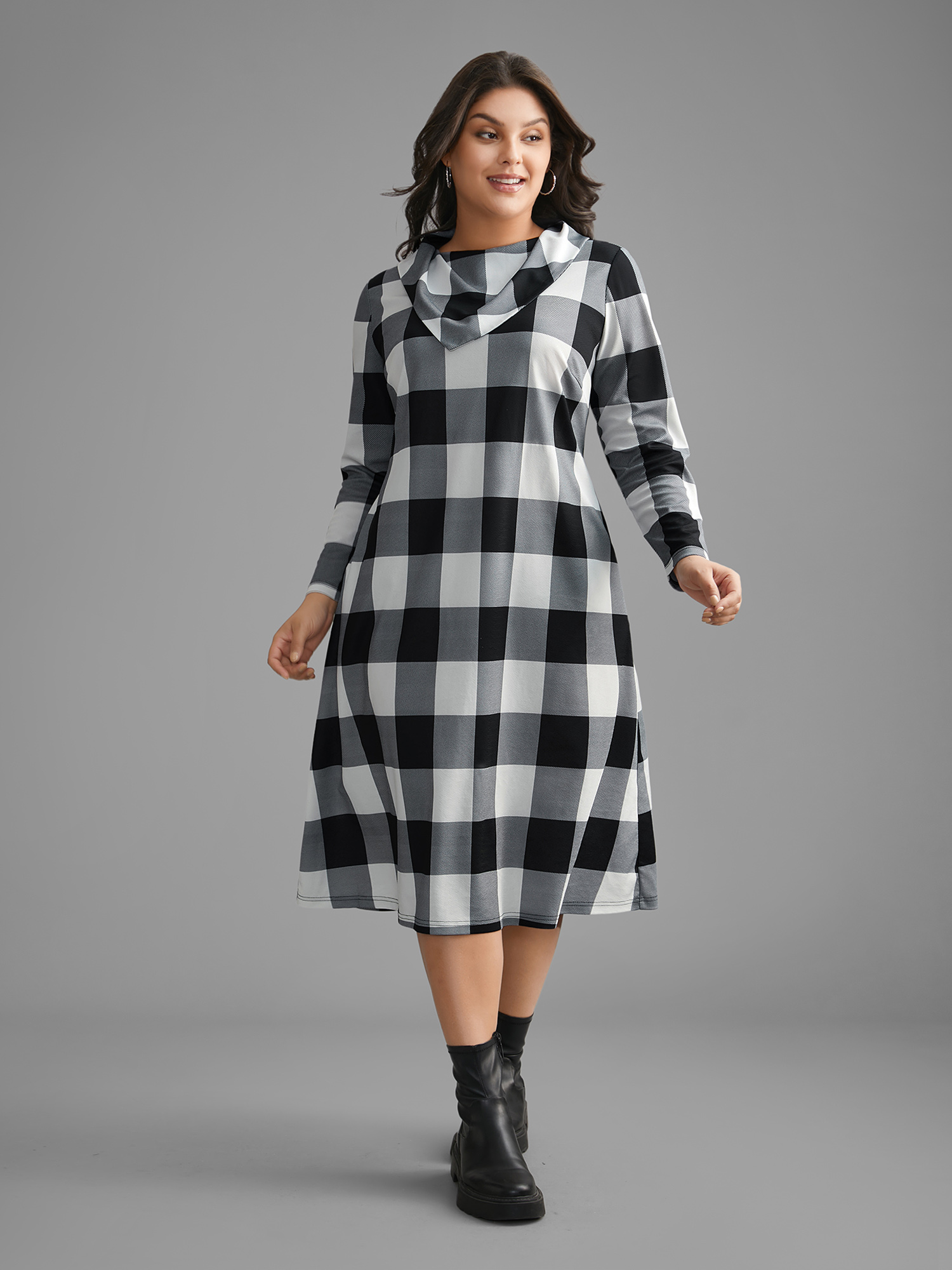 

Plus Size Plaid Ruffled Collar Pocket Midi Dress Black Women Casual Non Ruffled collar Long Sleeve Curvy BloomChic