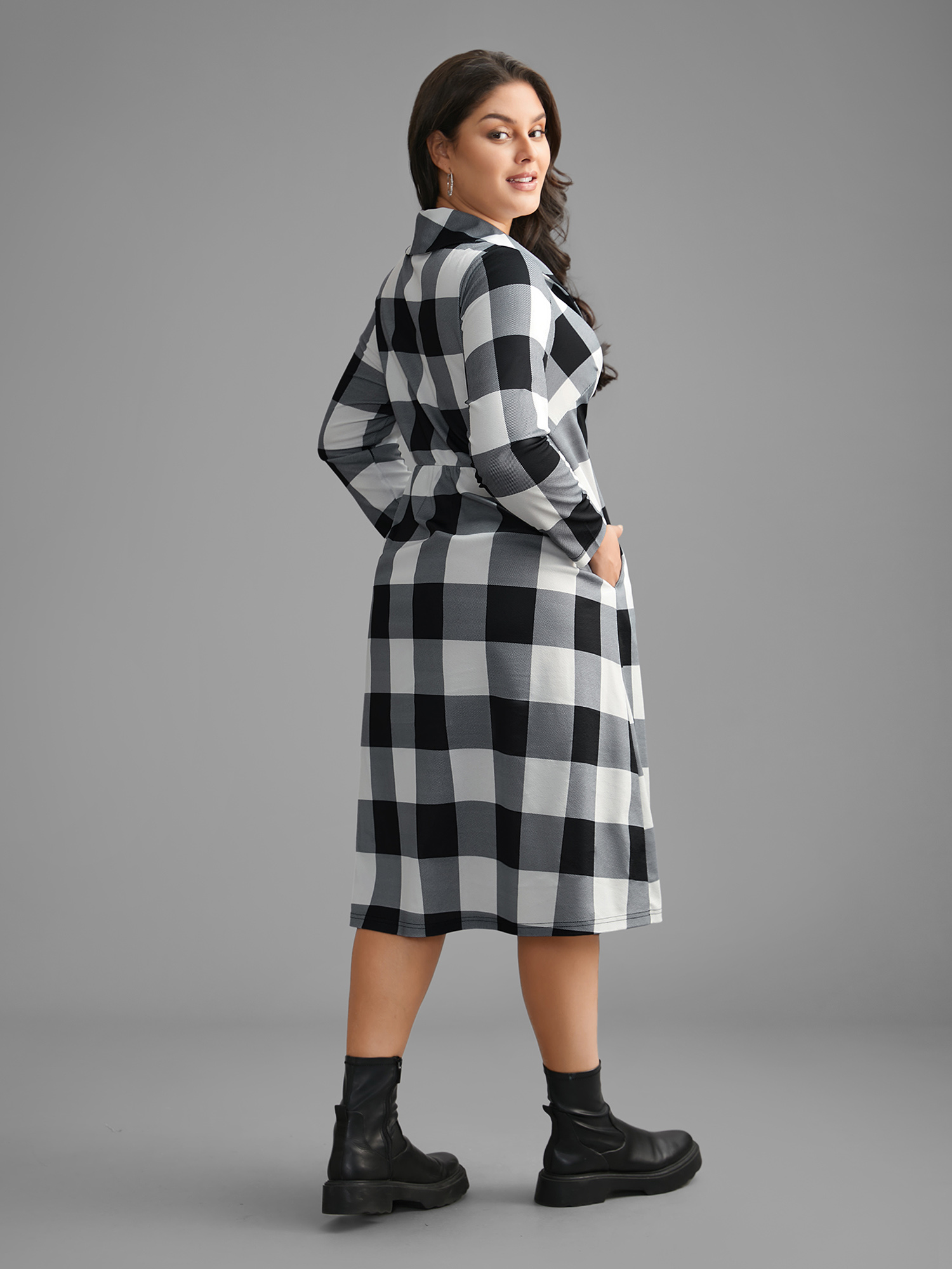 

Plus Size Plaid Ruffled Collar Pocket Midi Dress Black Women Casual Non Ruffled collar Long Sleeve Curvy BloomChic