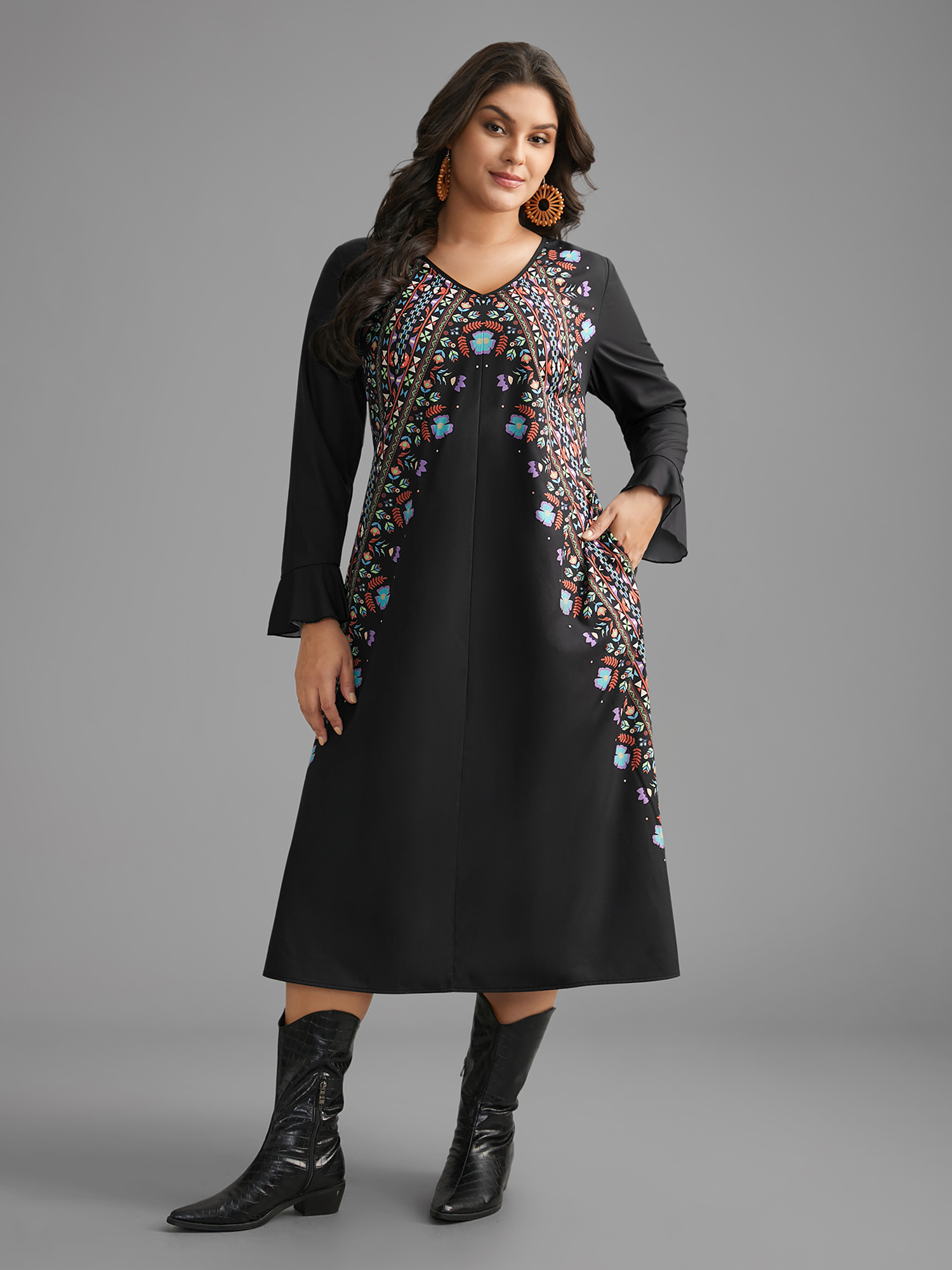 

Plus Size Boho Print Ruffle Sleeve Midi Dress Black Women Resort Ruffles V-neck Long Sleeve Curvy BloomChic