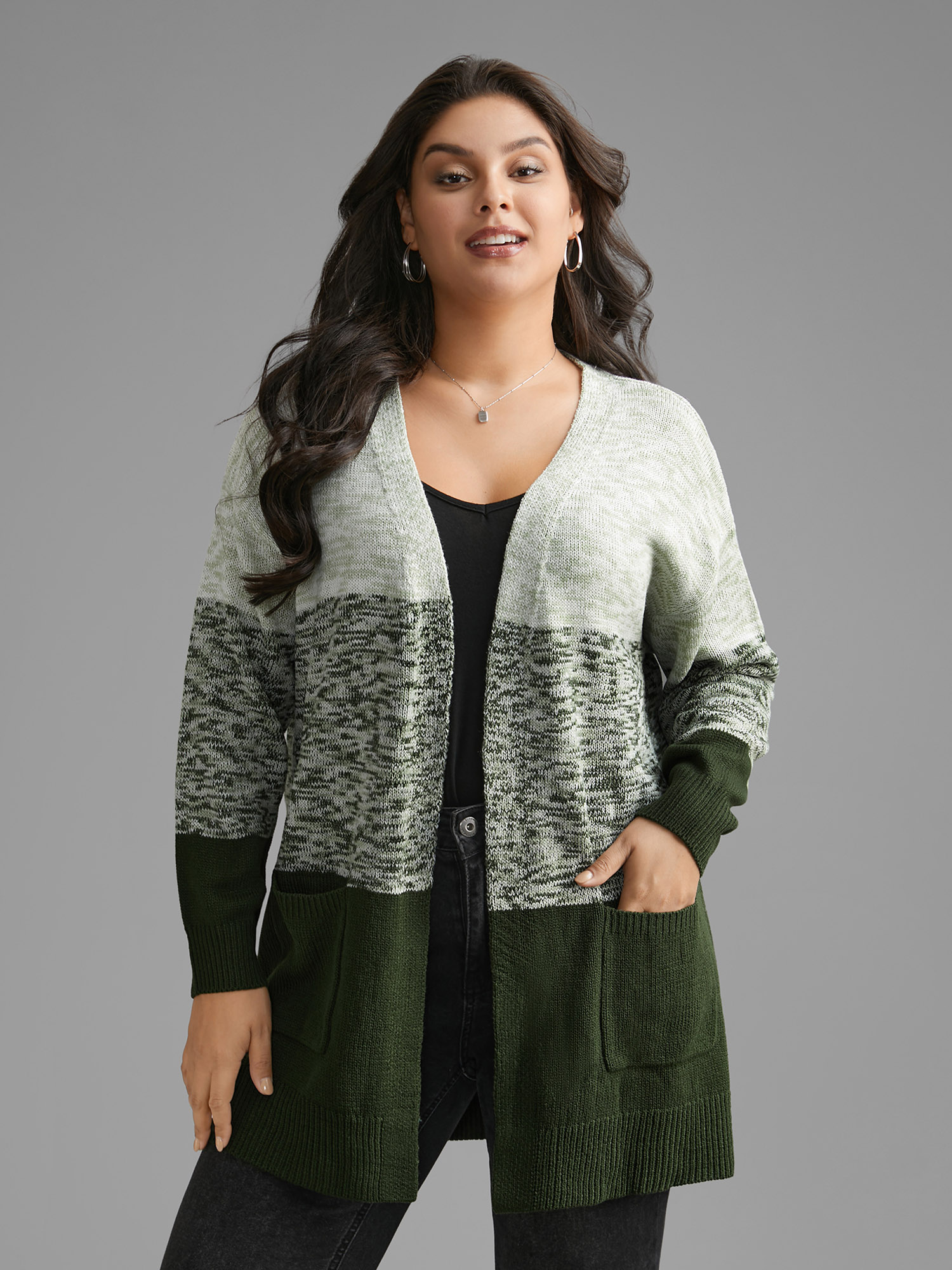 

Plus Size Heather Colorblock Contrast Patched Pocket Cardigan ArmyGreen Women Casual Loose Long Sleeve Everyday Cardigans BloomChic