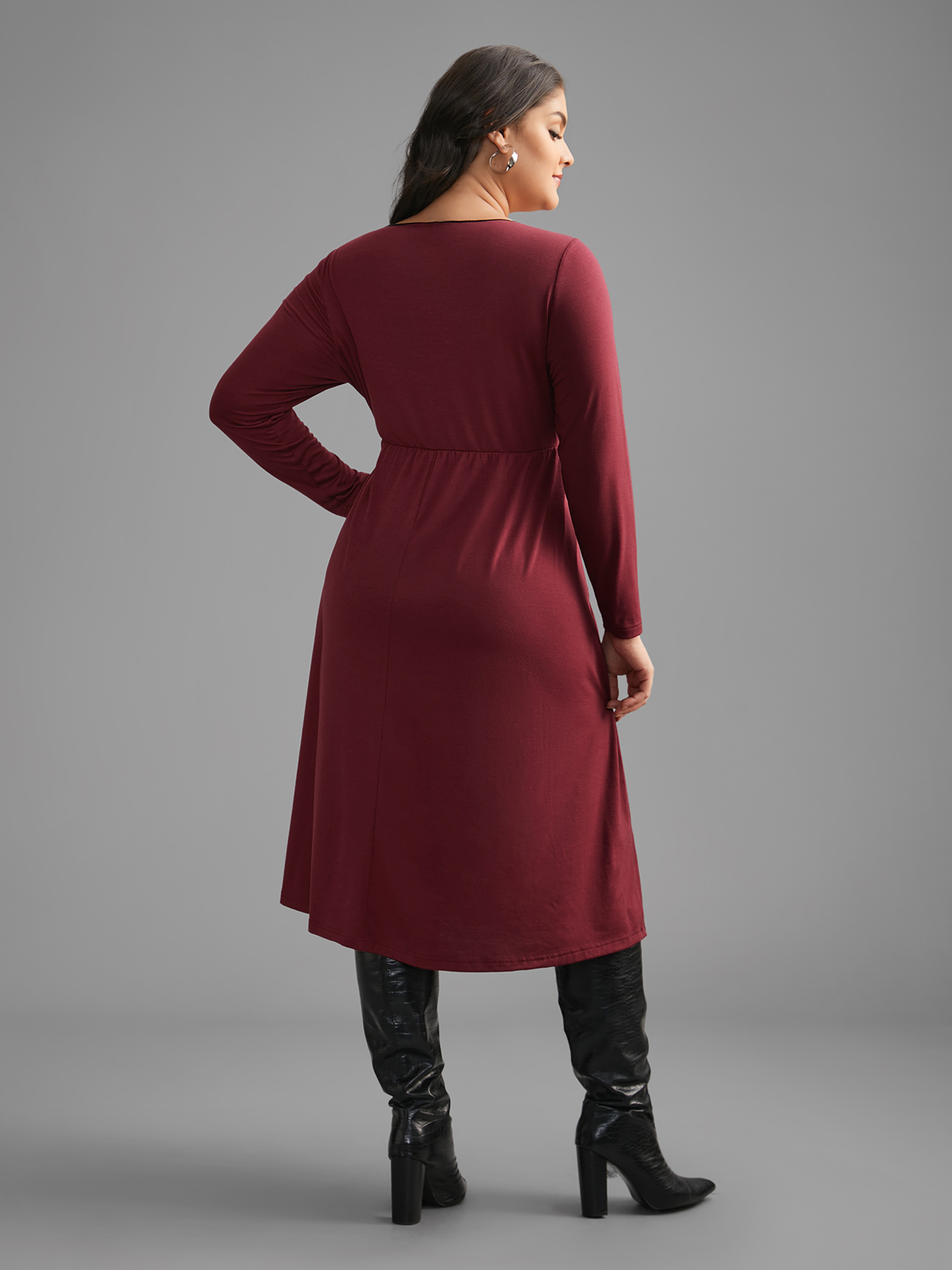 

Plus Size Square Neck Lace Panel Lace Up Dress Burgundy Women Elegant Woven ribbon&lace trim Square Neck Long Sleeve Curvy BloomChic