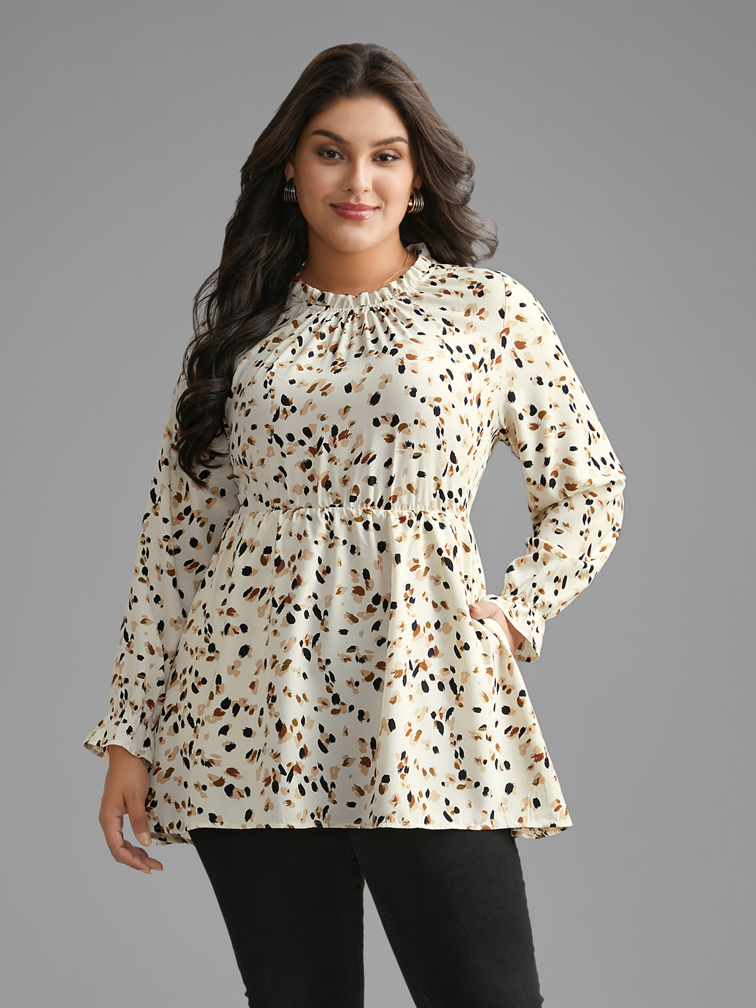 

Plus Size Beige Color Leopard Print Frill Trim Blouse Women Elegant Long Sleeve Round Neck Everyday Blouses BloomChic