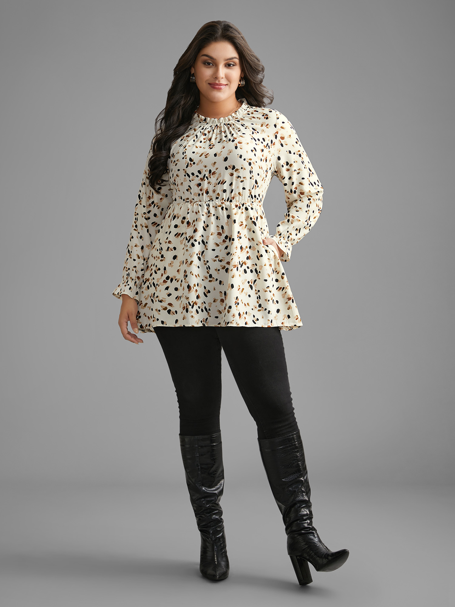 Plus Size Beige Color Leopard Print Frill Trim Blouse Women Elegant Long Sleeve Round Neck Everyday Blouses BloomChic 10/M 