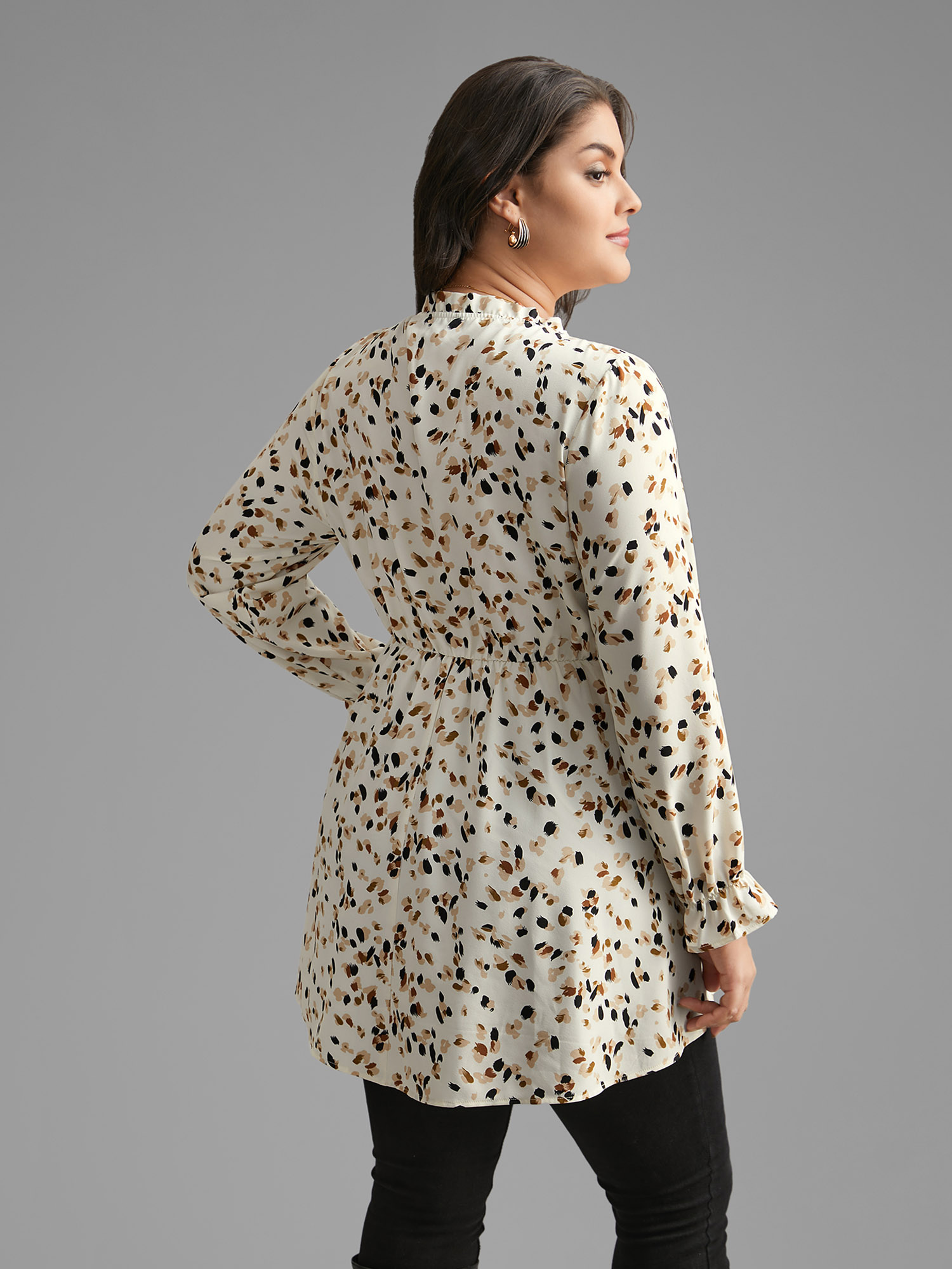 Plus Size Beige Color Leopard Print Frill Trim Blouse Women Elegant Long Sleeve Round Neck Everyday Blouses BloomChic 10/M 