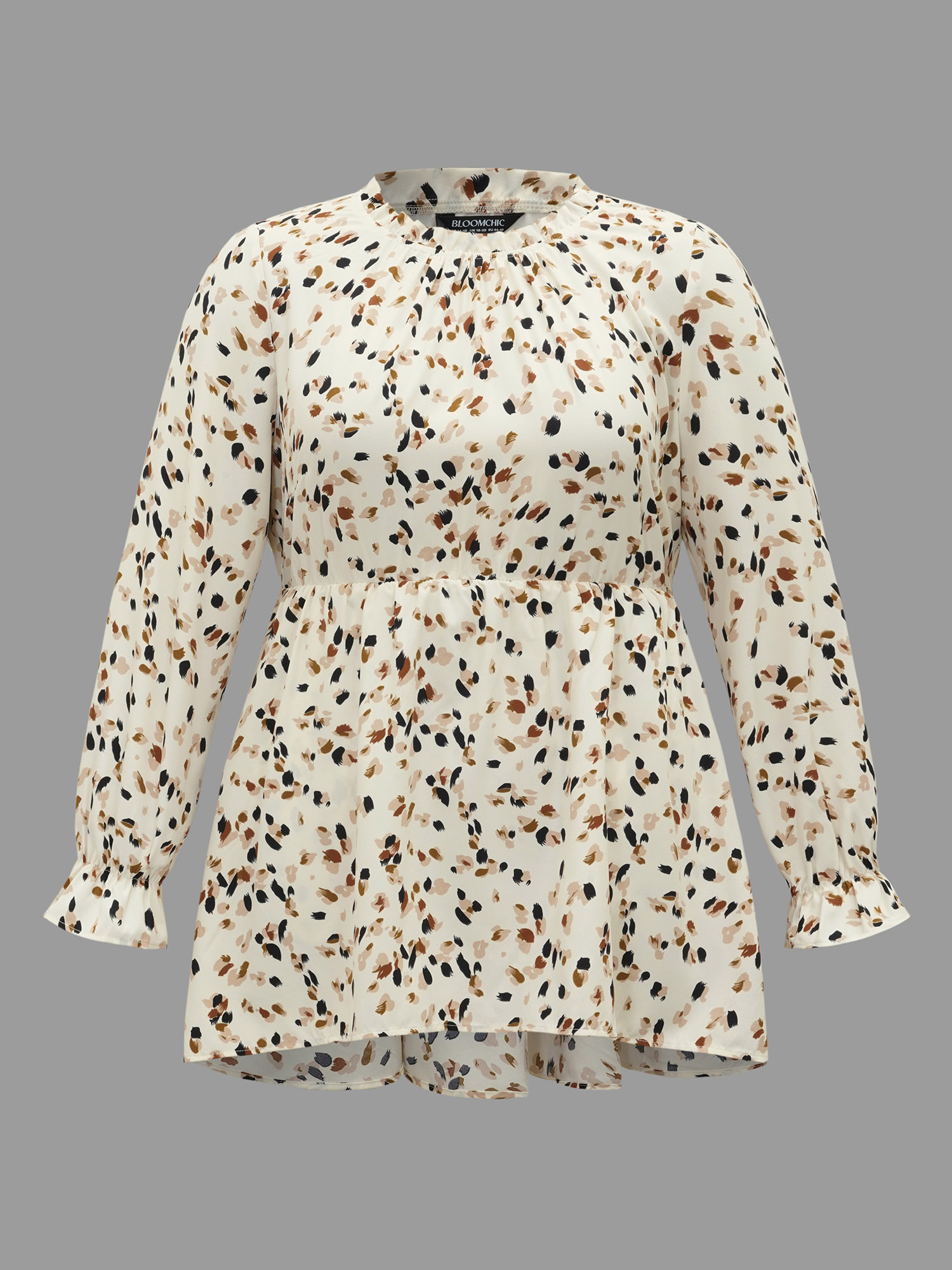 Plus Size Beige Color Leopard Print Frill Trim Blouse Women Elegant Long Sleeve Round Neck Everyday Blouses BloomChic 10/M 